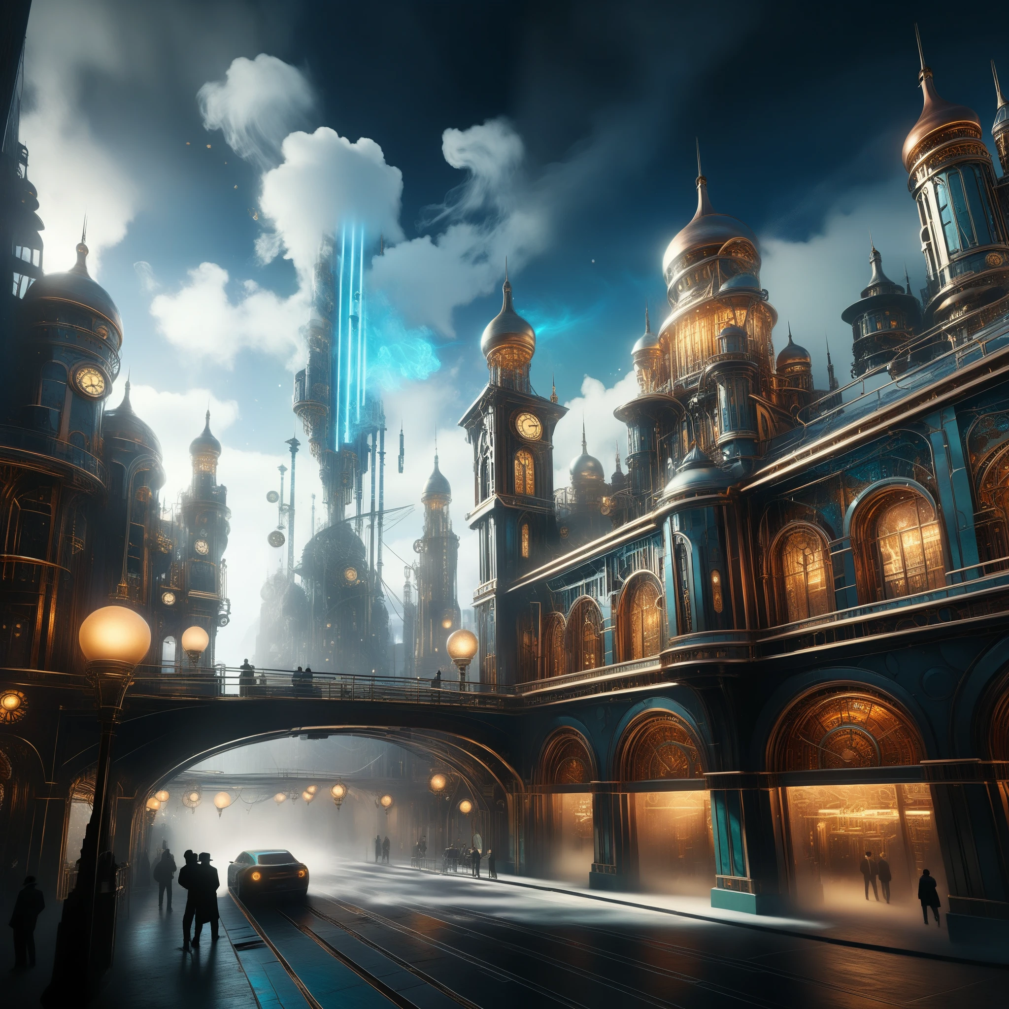Amidst billowing clouds of steam, a cityscape of intricately crafted clockwork and advanced AI beckons, a testament to human ingenuity.
I would describe the main scene as a cityscape with the following additional details: towering metallic skyscrapers, gears and cogs interlocking with precision, intricate clockwork mechanisms, steam rising from chimneys, bustling streets filled with people, aerial vehicles hovering in the sky, and holographic displays illuminating the surroundings.
The material used to create this artwork can be described as a mix of illustration, photorealistic 3D rendering, and futuristic photography. The combination of these mediums will create a visually stunning and immersive experience.
To ensure high image quality, we can include tags like "best quality, 4k, highres, masterpiece:1.2" to indicate the desired level of detail. Additionally, using tags such as "ultra-detailed, realistic:1.37, HDR, UHD, studio lighting, ultra-fine painting, sharp focus, physically-based rendering, extreme detail description, professional, vivid colors, bokeh" will enhance the overall visual impact and make the artwork more visually captivating.
In terms of art style, we can incorporate elements from different genres such as steampunk, cyberpunk, and futuristic concept art. These styles will help create a unique and visually intriguing cityscape, blending the intricate details of clockwork machinery with futuristic technological advancements.
For the color palette, we can go for a mix of warm and cool tones, with hints of copper, brass, and steam-powered machinery adding a touch of vintage charm to the overall futuristic setting. The lighting should showcase a contrast between the glowing lights of the cityscape, the soft ambient glow of holographic displays, and the warm, atmospheric lighting created by the billowing steam.
Overall, this prompt aims to evoke a sense of awe and wonder, highlighting the beauty of human innovation and the harmonious coexistenc