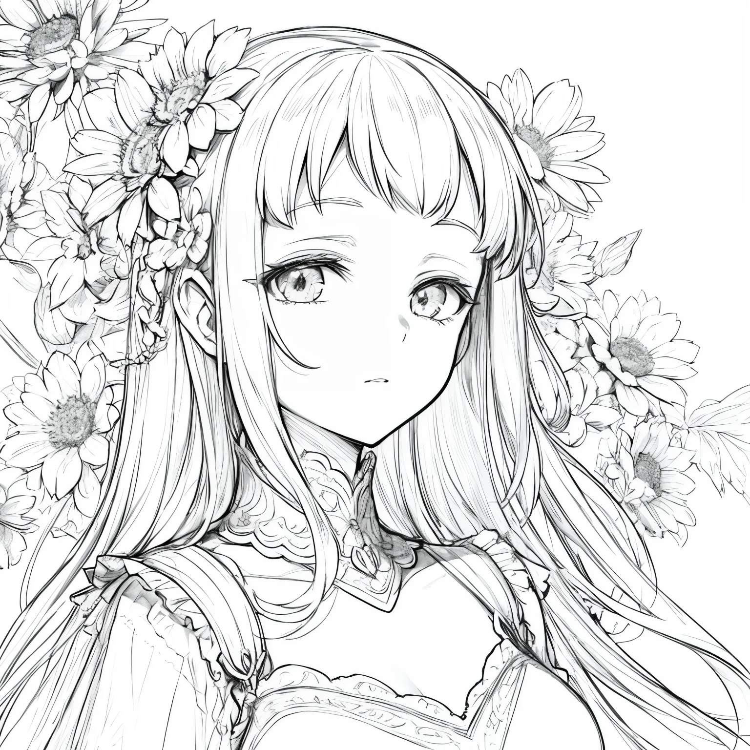masterpiece, superlative, anime princess, solo, bust closeup, flower line drawing background, white background, monochrome, line drawing, ((sketch))