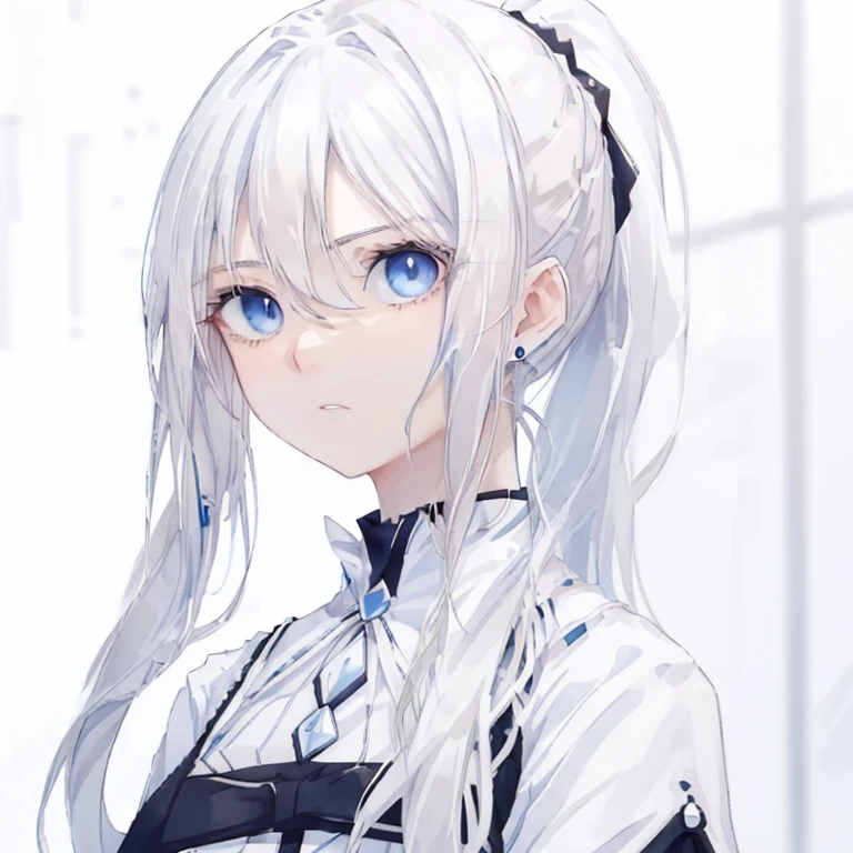 White Hair,Long Hair,ponytail,Blue Eyes,Sharp Eyeaid clothes