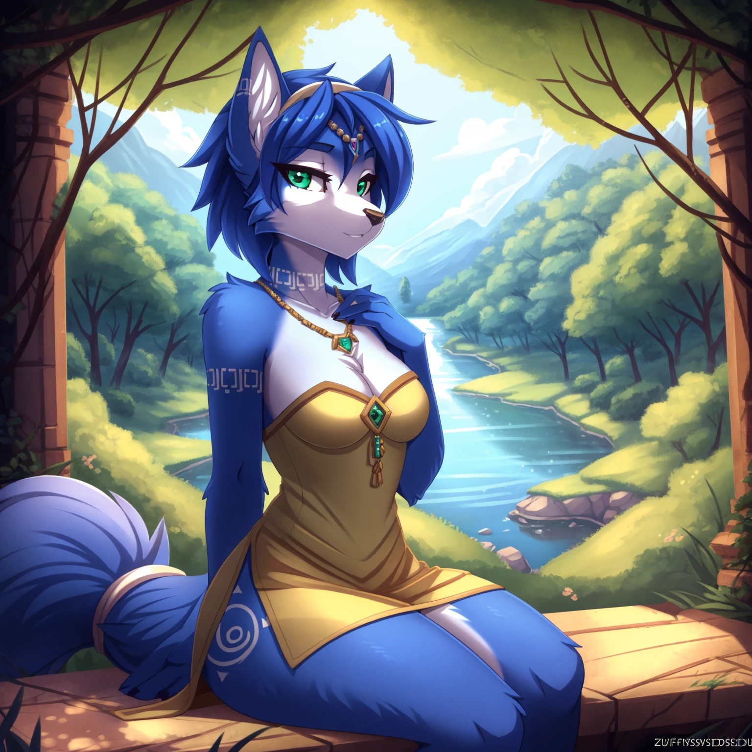 By zinfyuu on pixiv,by twistedscarlet60, uploaded on pixiv, by fluff-kevlar, (masterpiece), (best quality), (anthro furry:1.3, snout:1.2, anthro:1.3, furry:1.2, solo female:1.2), (extremely detailed:1.3), (green_detailed_eye), absol, wearing white dress, sfw, forest, sitting, lake, nature beauty, view on viewer, krystal