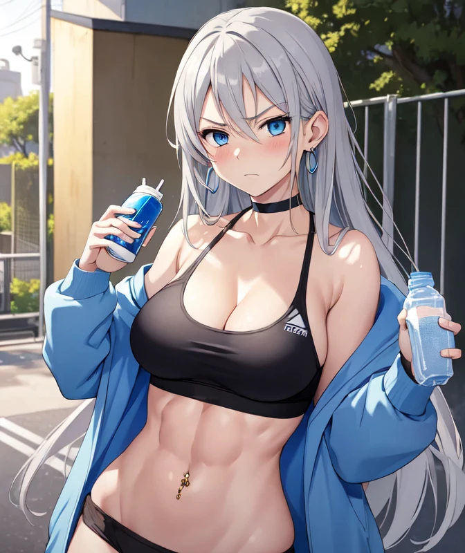 (((masterpiece))), ShizukaMikazuki, One Girl, alone, Looking at the camera, Long Hair, Gray Hair, Long sleeve, Cleavage, Very large breasts, Mature Body,Adult face,clavicle, Jacket, Open clothes, open Jacket, blue hoodie, Black sports bra, Black hot pants, choker with a charm,Play sports often,bicycle,Clear light blue eyes, Blushing,Angry expression,Faintly visible abs,Earrings,Golden navel piercing,Park at dusk, Holding a sports drink