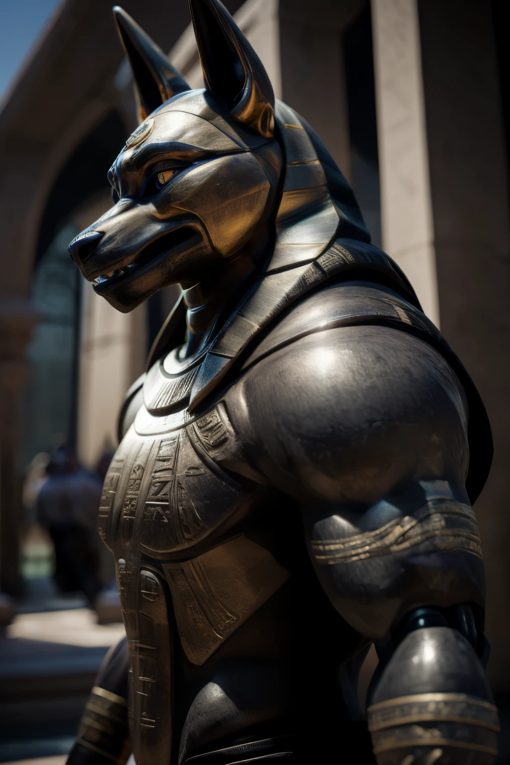 Create a robotic Anubis figure with intricately detailed design and high definition elements. This masterpiece, brought to life by skilled artists using the latest technology, showcases an expressionless, yet captivating face with delicate, realistic eyes. The sleek, metallic body is adorned with hieroglyphics, representing the ancient Egyptian mythology which Anubis is known for. His body is muscular and well-proportioned, exuding an air of power and mystery. The figure stands still, yet dynamic, with subtle motion blur and depth of field effects adding to its aesthetic. By using the highest quality materials and most advanced techniques, this robotic Anubis figure is sure to be a trending