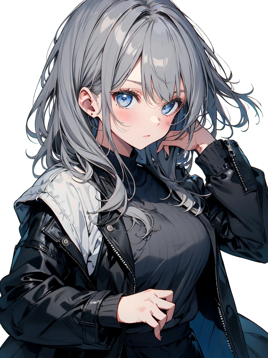 【highest quality, Tabletop】 [One Girl, coat, Expressionless, positive, (Gray Hair:1.5),Straight hair, (Shortcuts:1.4),(blue eyes:1.3), Oversized black jacket, Black Skirt, Take off your jacket, Large Breasts,Upper Body] (Gray white background:1.5)
