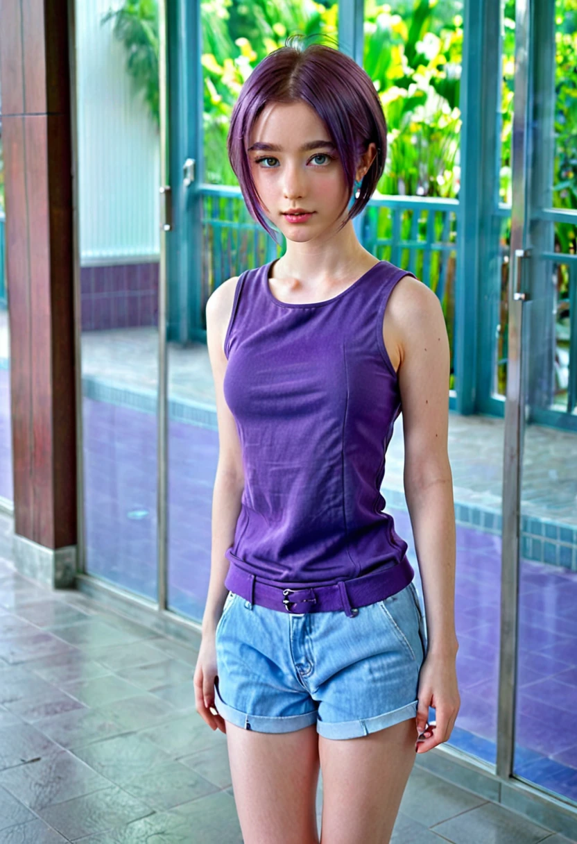 solo, very detailed, detailed face, short hair, picture of a beautiful young woman, dasha_taran, sfw, ((natural clear purple hair)), beautiful natural blue eyes, High Definition RAW Photography, 16k photography, (full body), standing, nagato yuki, zoomed out full body view