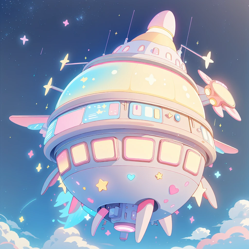 A futuristic flying star-shaped pastel-colored vehicle、★★★❤、★、❤★❤🐇wing、Spaceship、kawaii tech,No people、rabbit