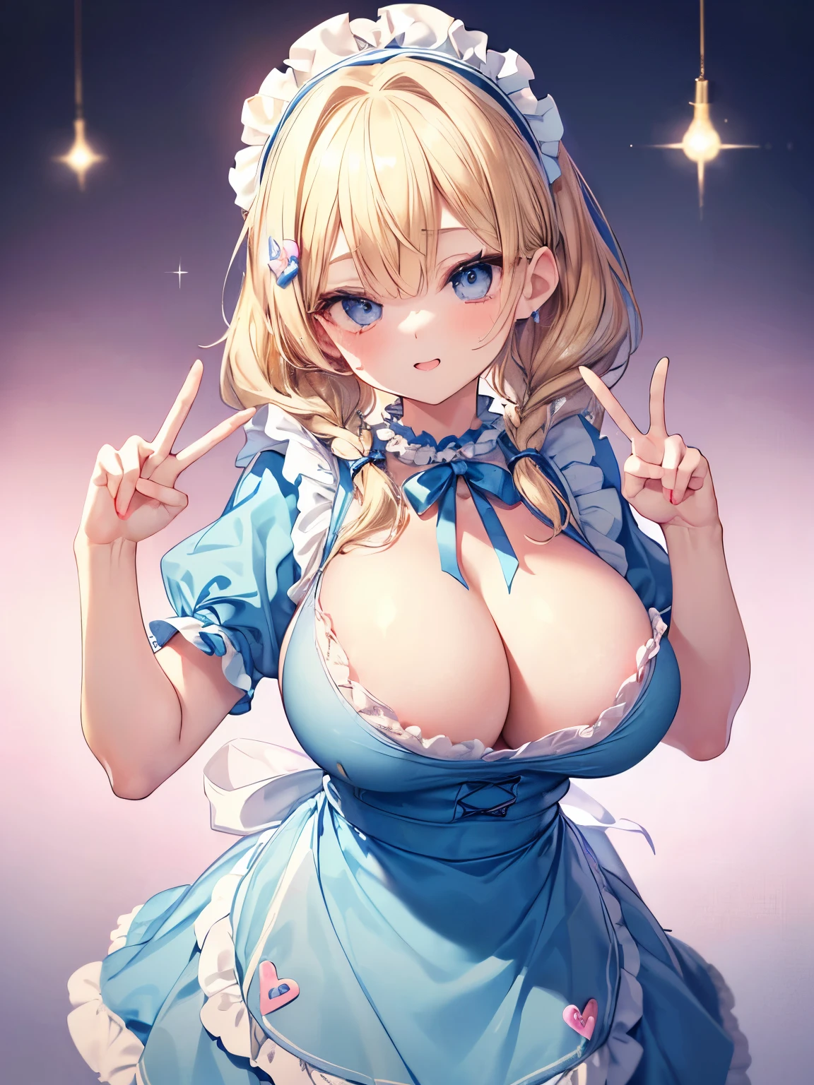 Masterpiece,Best Quality,(Super Detail),Perfect Lighting, Highly detailed CG,Super detailed,(Highly detailed eyes,Very cute face,Highly detailed face:1.3),Beautiful Anime Girl,(Solo Girl),(Super huge boobs:1.4),(Sensual,Glamorous:1.4),(Blonde,Medium Hair,Twin braids,Let your hair hang forward:1.2),(Big light blue eyes),(Very happy smile,Open your mouth wide),break,(Light blue maid outfit,Frill apron,Puff short sleeves,belly button,Micro Mini Skirt),Maid Headdress,frilled choker,Maid Cufflinks,Pink wallpaper coffee shop,Fancy furniture,Cowboy Shot,Dynamic Pose,(Close one eye,Peace sign with both hands,Perfect hands,５Finger:1.3)