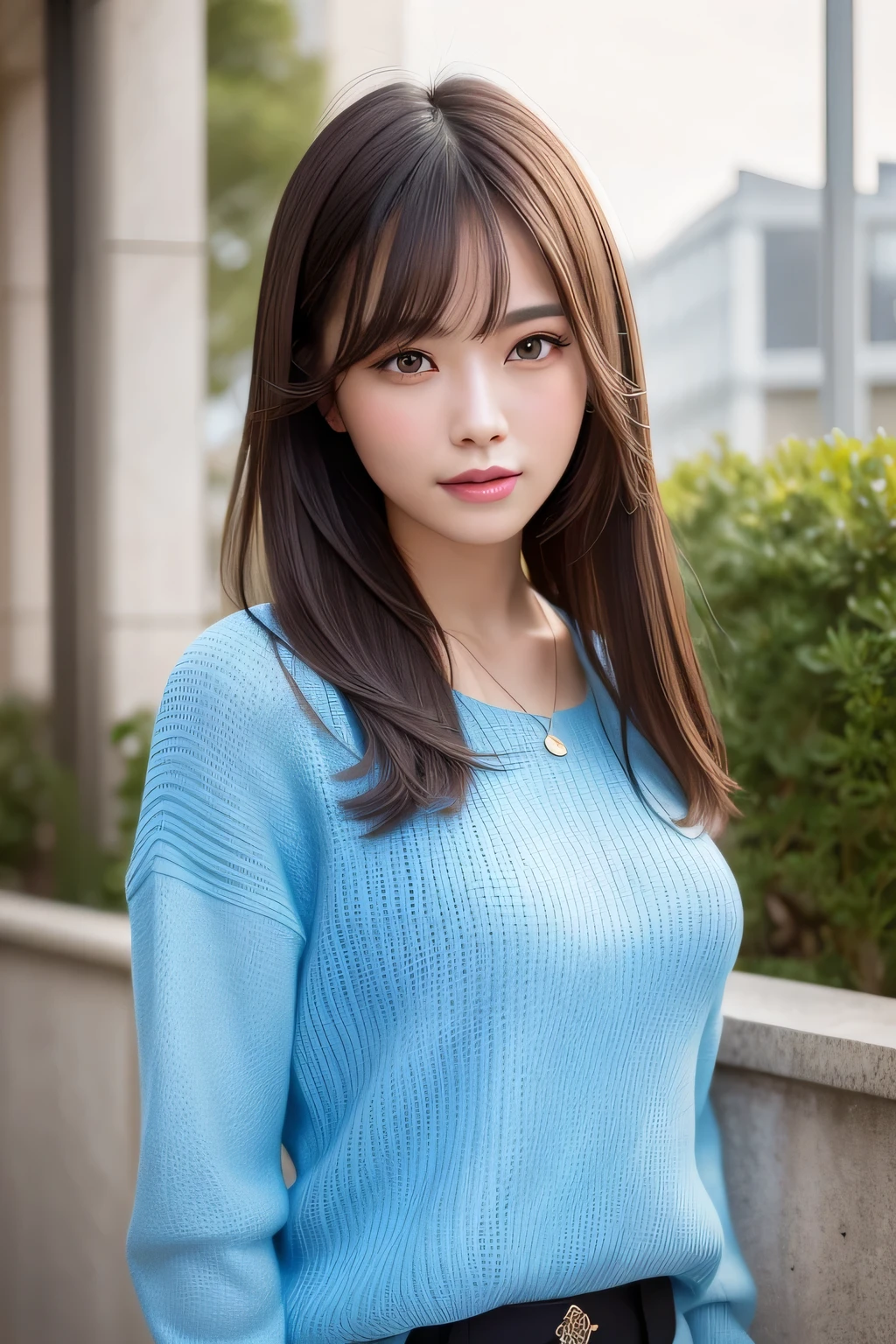 (RAW Photos: 1.2), (Realistic: 1.4), (highest quality: 1.4), 超High resolution, (Fine grain), (Detailed facial features), (Detailed clothing features), High resolution, 8k resolution, Focus Only, bangs, Skin Tightening, (Slender girl), dream-like, Japanese,
(Ultra-fine Illustration), landscape, No text,
Mid-chest, Straight hair, short hair, Black Hair, Dark Eyes,
One Girl, whole body, The background is the library,
Crystal Pendant,
Light blue tight sweater,
cute, sexy,
(smile),