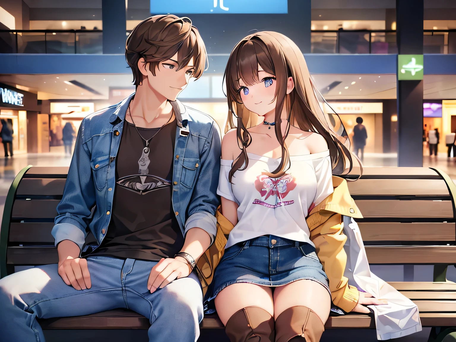 (Masterpiece, top quality, high resolution, realistic photo, realistic looking skin:1.1),
(Male and female couple sitting on a bench in a shopping mall:1.5),
(They both have smiling faces:1.5),
(Woman is wearing off-shoulder knit, mini skirt, long boots and long brown hair:1.8),
(The man is a handsome man wearing a T-shirt and a tailored jacket and denim:1.8),
(Location is a bench in a shopping mall:1.5),
Full-bodied Esbian, beautiful eyes, glowing eyes, glowing thighs, NSFW.