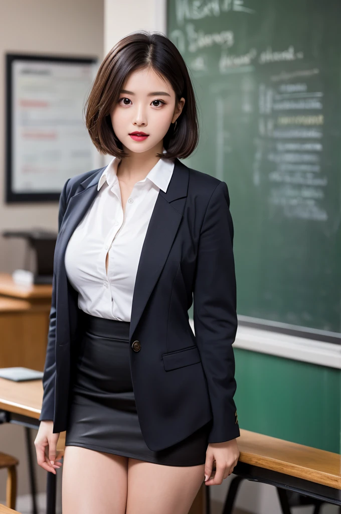 ulzzang-6500-v1.1, (RAW Photos:1.2), (Realistic), Beautiful detailed girl, (Genuine: 1.4), (masterpiece), (Mastepiece), Cinema Lighting, Shadow, digital official art, Ultra high definition body, Ultra detailed hair, Highly detailed face, 1 girl, alone,whole body,short hair, Black Hair, Iris, Red lips,Perfect Face, Perfect Eyes, Big droopy eyes are cute、 ((Narrow waist)),((very muscular and thick Thighs)),(Thigh gap),Navy Blue Blazer, (White shirt), Very short pencil skirt, Ultra-realistic pantyhose, Black high heels, bent, Big Breasts, Thighs, indoor, classroom, blackboard, in front of the blackboard,((Are standing)),window, Day, (whole bodyショット:1.16)