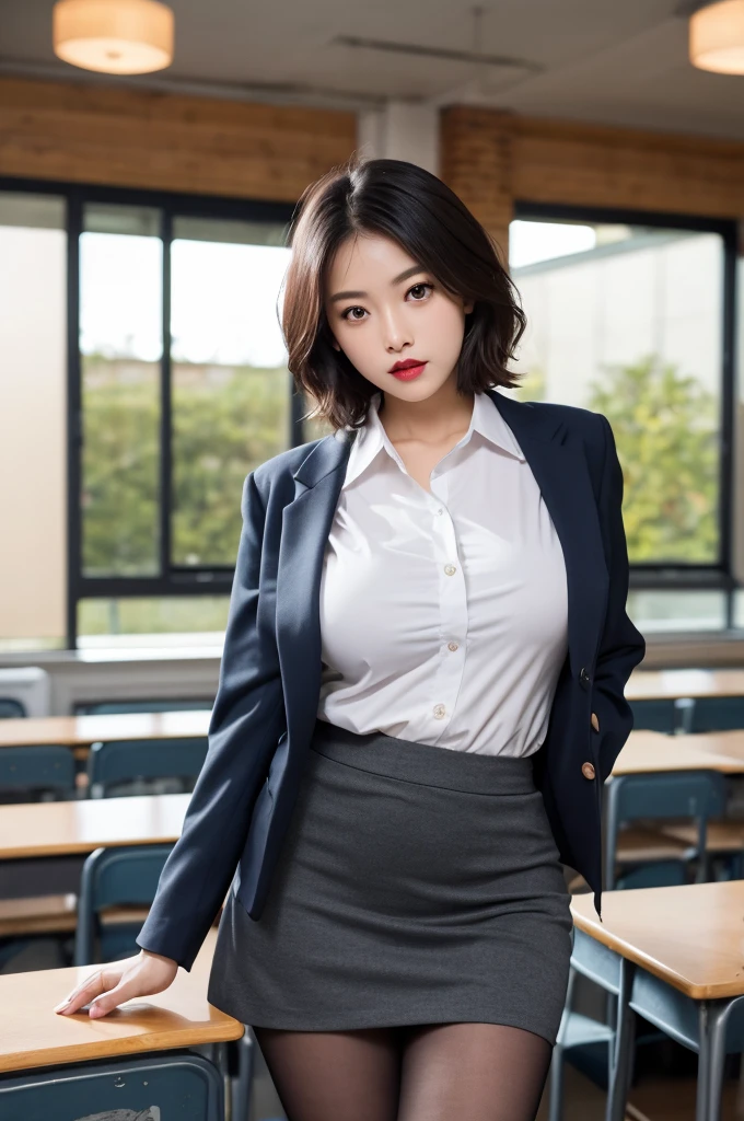 ulzzang-6500-v1.1, (RAW Photos:1.2), (Realistic), Beautiful detailed girl, (Genuine: 1.4), (masterpiece), (Mastepiece), Cinema Lighting, Shadow, digital official art, Ultra high definition body, Ultra detailed hair, Highly detailed face, 1 girl, alone,whole body,short hair, Black Hair, Iris, Red lips,Perfect Face, Perfect Eyes, Big droopy eyes are cute、 ((Narrow waist)),((very muscular and thick Thighs)),(Thigh gap),Navy Blue Blazer, (White shirt), Very short pencil skirt, Ultra-realistic pantyhose, Black high heels, bent, Big Breasts, Thighs, indoor, classroom, blackboard, in front of the blackboard,((Are standing)),window, Day, (whole bodyショット:1.16)