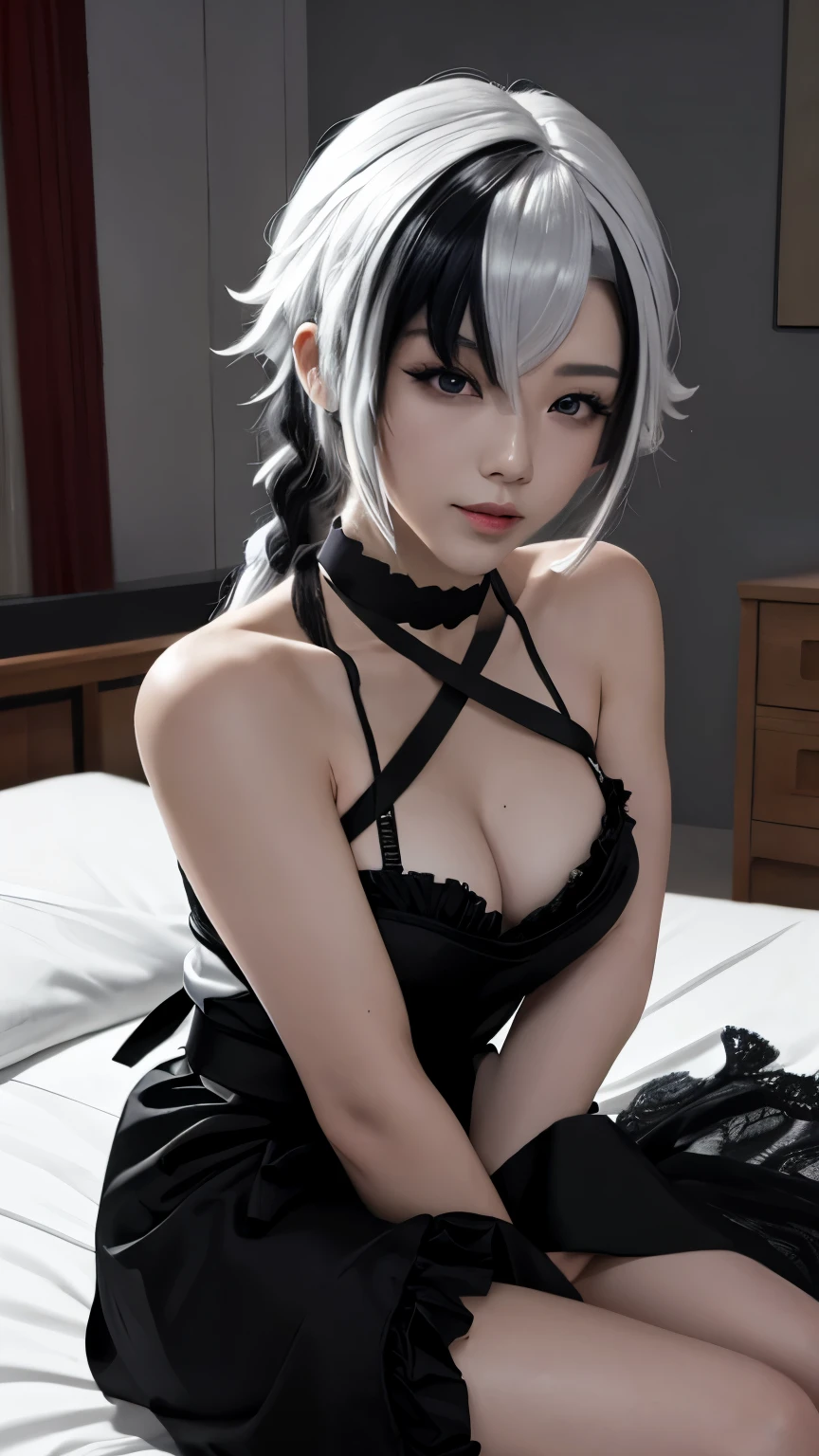 masterpiece,1 girl per sheet,full-body shot,Face,A beautiful young Japanese woman,Wearing a short-sleeved satin black cute maid outfit,Sitting on the hotel bed with a smile on her face,Wearing a black frilly headband,Black ruffled apron,White choker,Attractive figure,超可爱的Face,Glossy lips,Sweaty body,Double eyelids,Natural makeup,Long eyelashes,White hair,Black Hair,Colorful Hair,short hair,Straight Hair,White hair long braid,Glowing red eyes,Red X pupil,Asymmetrical bangs,Center map,8K resolution,High Detail,Detailed hairstyle,细致的Face部,Spectacular lighting,Octane Rendering,Energetic,Surreal,Perfect limbs,Perfect anatomy