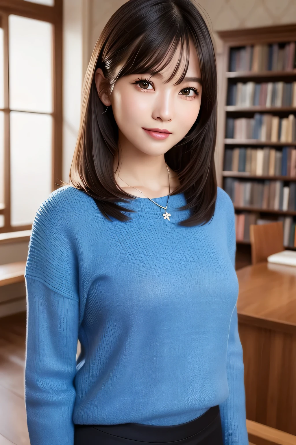 (RAW Photos: 1.2), (Realistic: 1.4), (highest quality: 1.4), 超High resolution, (Fine grain), (Detailed facial features), (Detailed clothing features), High resolution, 8k resolution, Focus Only, bangs, Skin Tightening, (Slender girl), dream-like, Japanese,
(Ultra-fine Illustration), landscape, No text,
Mid-chest, Straight hair, short hair, Black Hair, Dark Eyes,
One Girl, whole body, The background is the library,
Crystal Pendant,
Light blue tight sweater,
cute, sexy,
(smile),