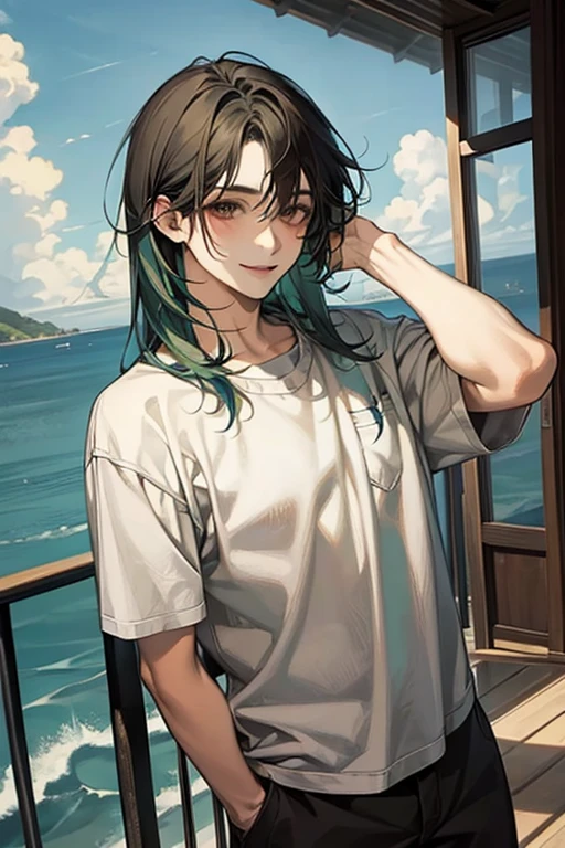 Masterpiece, best quality, solo, male, black hair, medium hair, ocean green hair tips, brown eyes, casual clothes, smile facial