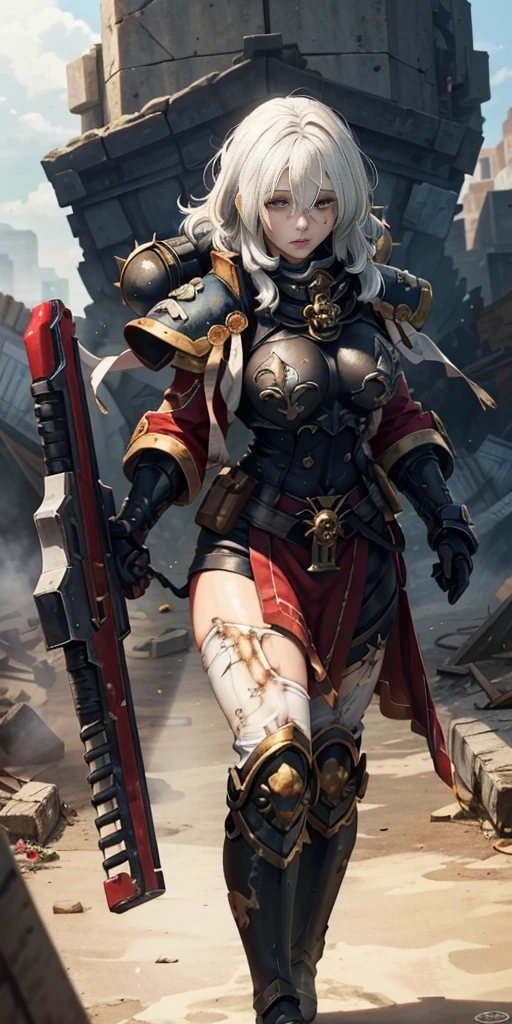 (masterpiece:1.2), (best quality:1.2), perfect eyes, perfect face, perfect lighting, 1girl, mature whsororitas with a laser rifle in her hands, scar over one eye, eyepatch, red tabard, white hair, warhammer 40k, chaos, fire, scifi, detailed ruined city background, power armor