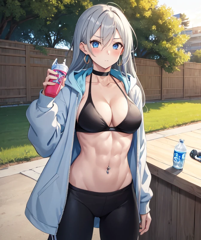 (((masterpiece))), ShizukaMikazuki, One Girl, alone, Looking at the camera, Long Hair, Gray Hair, Long sleeve, Cleavage, Very large breasts, Mature Body,Adult face,clavicle, Jacket, Open clothes, open Jacket, blue hoodie, Black sports bra, Black hot pants, choker with a charm,Play sports often,bicycle,Clear light blue eyes, Blushing,Troubled expression, faintly visible abdominal muscles,Earrings,Golden navel piercing,Park at dusk, Holding a sports drink