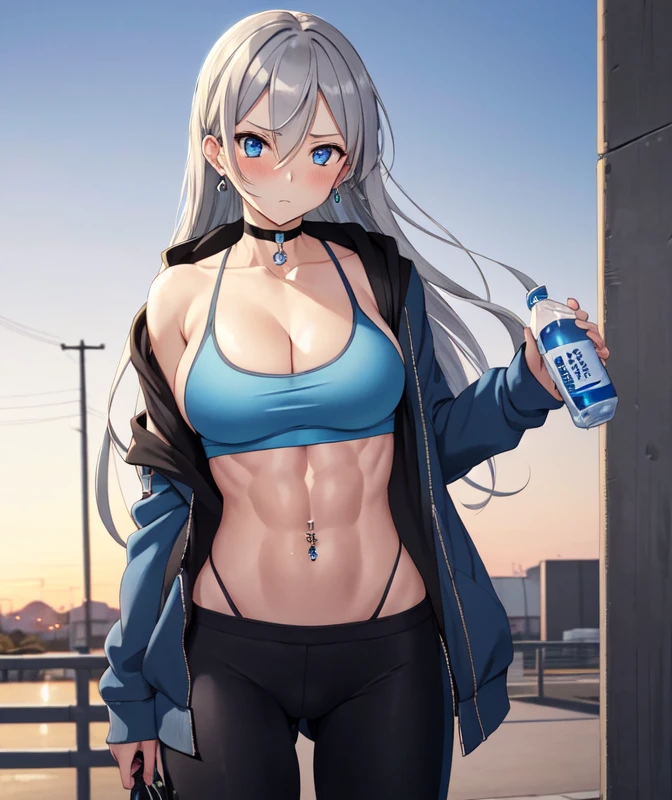 (((masterpiece))), ShizukaMikazuki, One Girl, alone, Looking at the camera, Long Hair, Gray Hair, Long sleeve, Cleavage, Very large breasts, Mature Body,Adult face,clavicle, Jacket, Open clothes, open Jacket, blue hoodie, Black sports bra, Black hot pants, choker with a charm,Play sports often,bicycle,Clear light blue eyes, Blushing,Troubled expression, faintly visible abdominal muscles,Earrings,Golden navel piercing,Park at dusk, Holding a sports drink