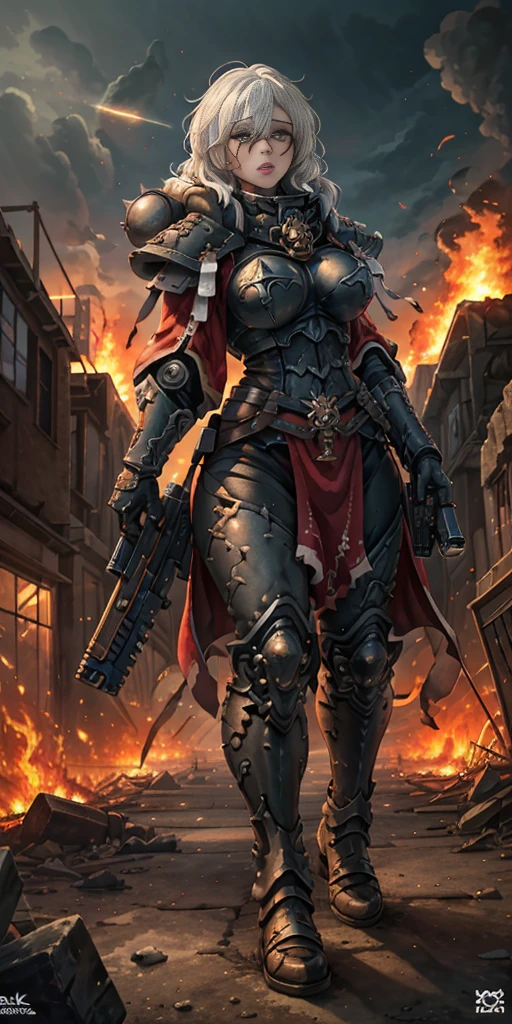 (masterpiece:1.2), (best quality:1.2), perfect eyes, perfect face, perfect lighting, 1girl, mature whsororitas with a laser rifle in her hands, scar over one eye, eyepatch, red tabard, white hair, warhammer 40k, chaos, fire, scifi, detailed ruined city background, power armor