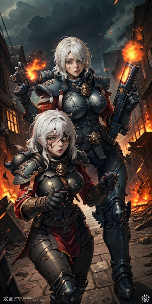 (masterpiece:1.2), (best quality:1.2), perfect eyes, perfect face, perfect lighting, 1girl, mature whsororitas with a laser rifle in her hands, scar over one eye, eyepatch, red tabard, white hair, warhammer 40k, chaos, fire, scifi, detailed ruined city background, power armor