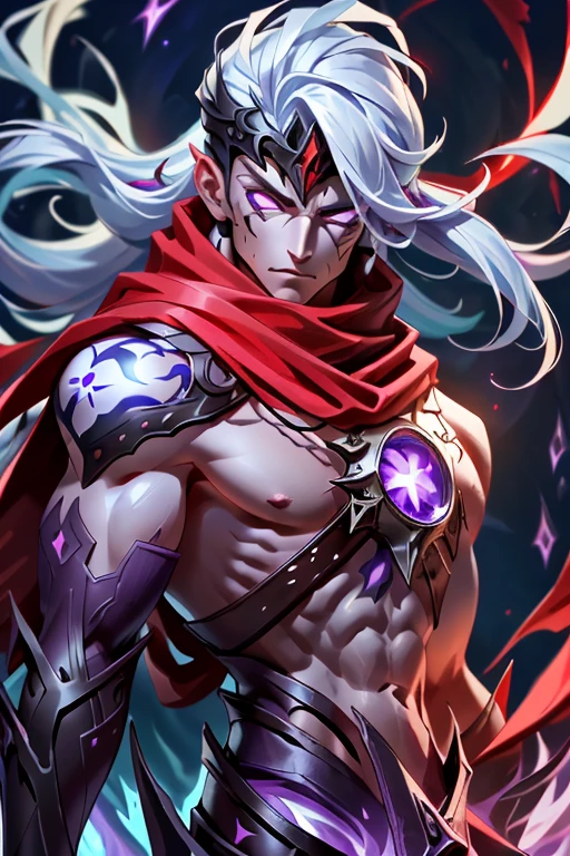 Mascular man, Varus, large bow, purple bow, big bow in hand, deep red and purple glow, dark purple growths across forearms, Purple skin, white hair, red scarf, close up, white eyes, angry, black background, purple light, eyes completely white, black pendant
