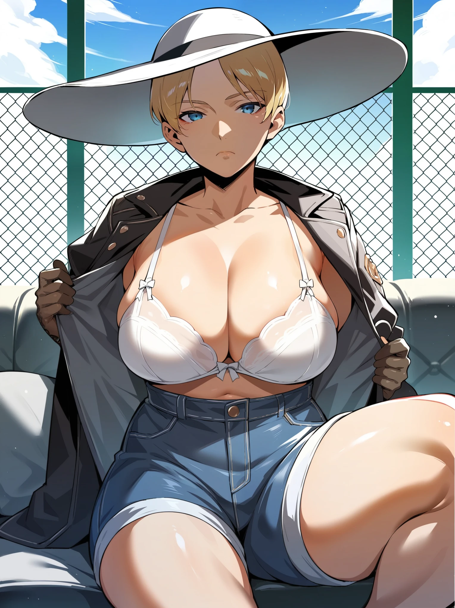 Score_9, score_8_up, score_7_up, source_anime, 1girl, solo, large breasts, jacket, blonde, blue eyes, apex legends, mature, mature female, clothed, sfw, rating:general, indoors, home, couch, lying against fence, leaning on fence, frown, ikuchan, see through, transparent, summer hat, outdoors, lace gloves, shorts, thighs, knotted bra, cowgirl, fence, looking at viewer, front view