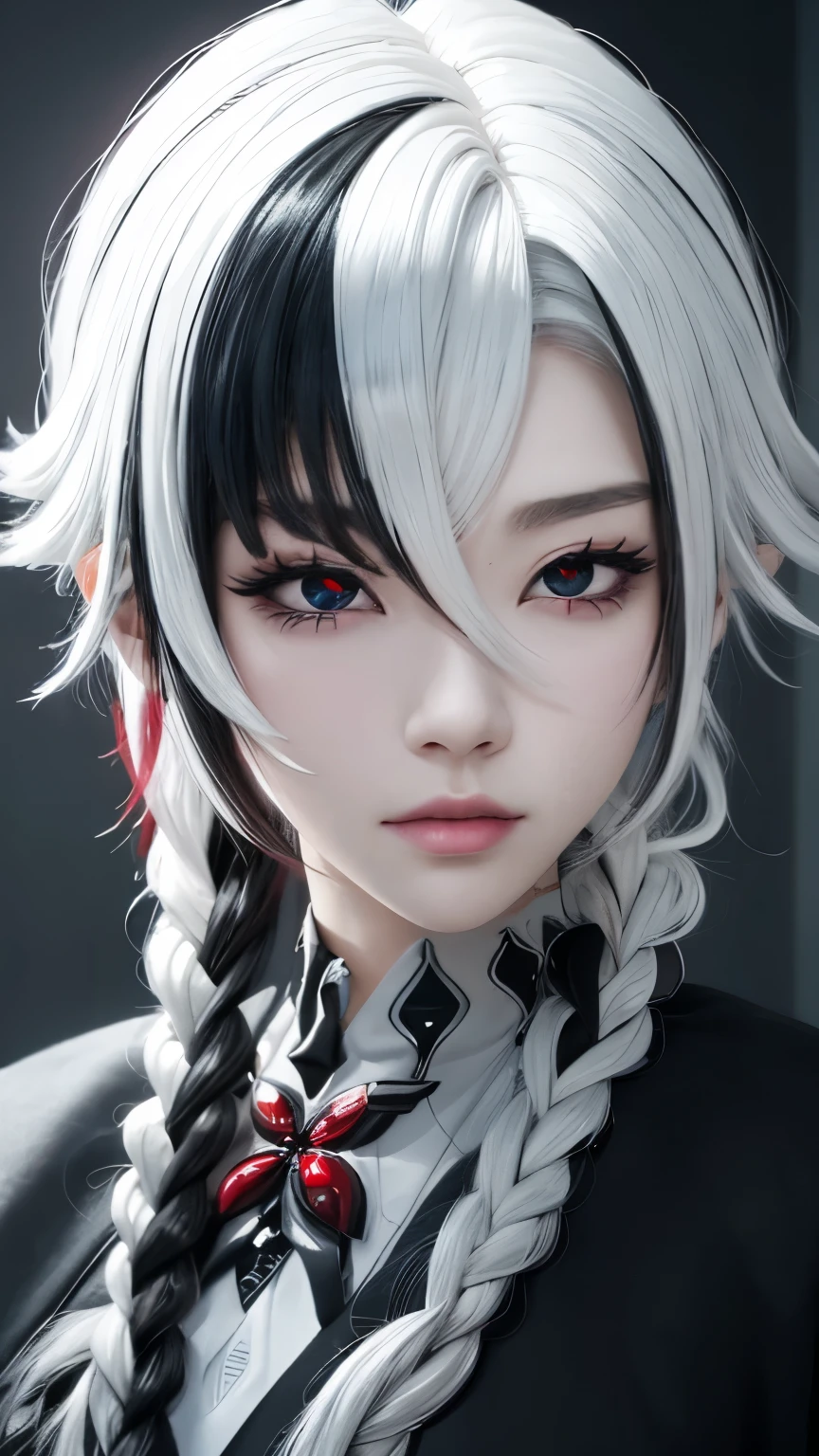 (8k,RAW photos,Reality:1.25),(Lip Gloss,eyelash,Glossy face,Glowing skin,Best quality,Super,Depth of Field,Chromatic Aberration,Caustics,Broad Light,Natural shadows,Kpop idol)Watching the audience with tranquility and goddess-like happiness,White hair,Black Hair,Colorful Hair,short hair,Straight Hair,White hair long braid,Glowing red eyes,Red X pupil