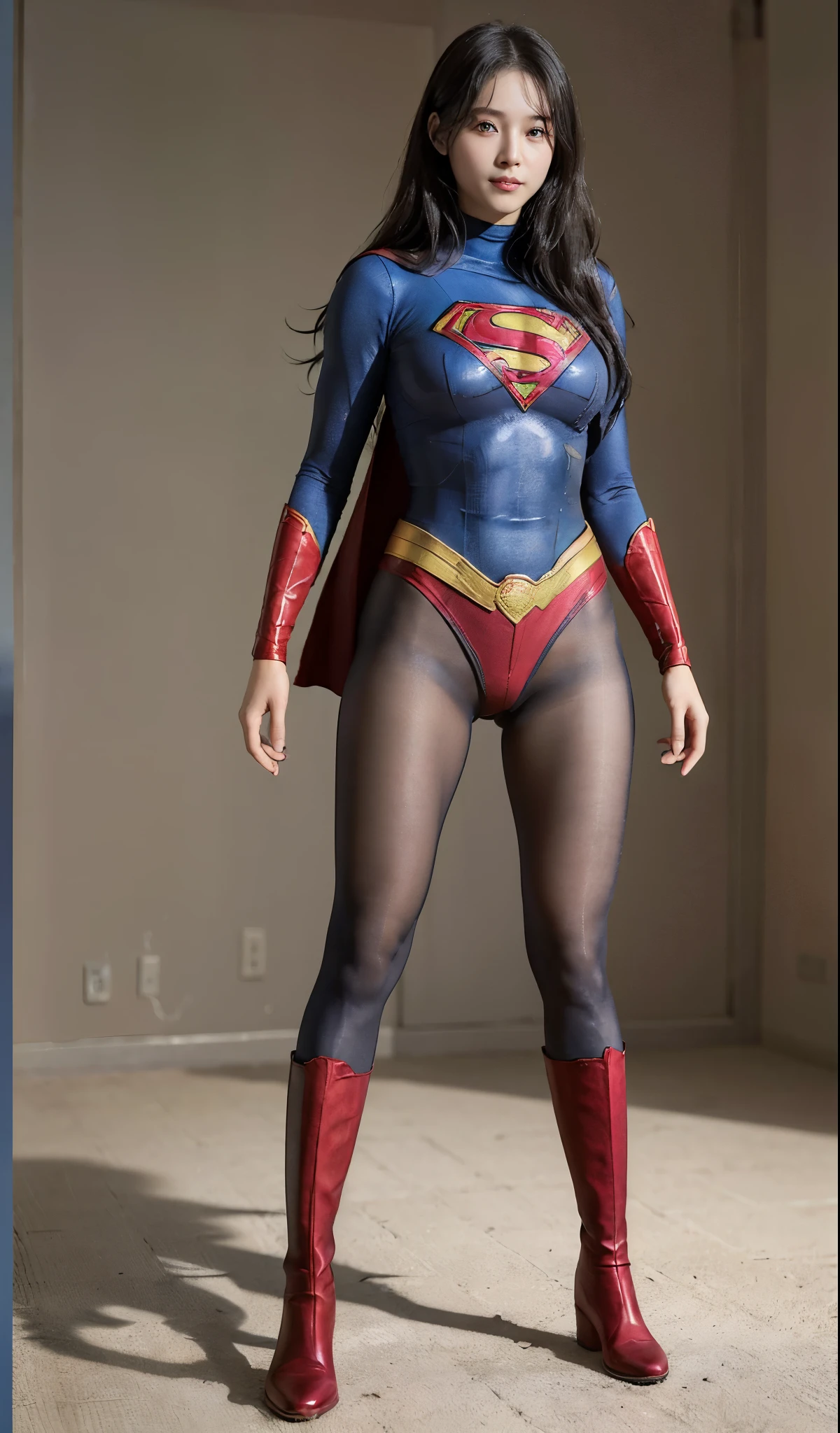 No background、(((Beautiful legs in black tights.)))、(((Legally express the beauty of your smile)))、((((Make the most of your original images)))、(((Supergirl Costume)))、(((Beautiful Hair)))、(((suffering)))、(((Please wear black tights....、Wear red boots)))、((Best image quality、8K))、((highest quality、8K、masterpiece:1.3))、(((Preserve background )))、Sharp focus:1.2、Beautiful woman with perfect figure:1.4、Thin abdominal muscles:1.2、Wet body:1.5、Highly detailed face and skin texture、8K