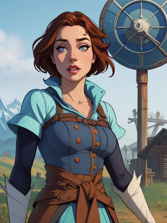 Personagem mulher estilo atompunk Fallout 4 Rainha Anna de Arendelle com marcas de guerras Imagem de desenho animado de uma mulher .Ilustra??o estilo desenho animado, estilo de arte dos desenhos animados, estilo de arte dos desenhos animados, digital illustration style, estilo atompunk design de personagens altamente detalhado, arte digital detalhada coragem, Forest fan art, Design de personagens de retrato, beautiful digital illustration, retrato de alta qualidade, Arte em quadrinhos, mulher jovem cabelo com transas lindas . Queen Anna of ArendelleBeautiful lined eyes Medium large bust and wonderful sexy clothes. image expression of sexual desire from waist to head illustration Queen Anne of Arendelle atompunk style Fallout 4