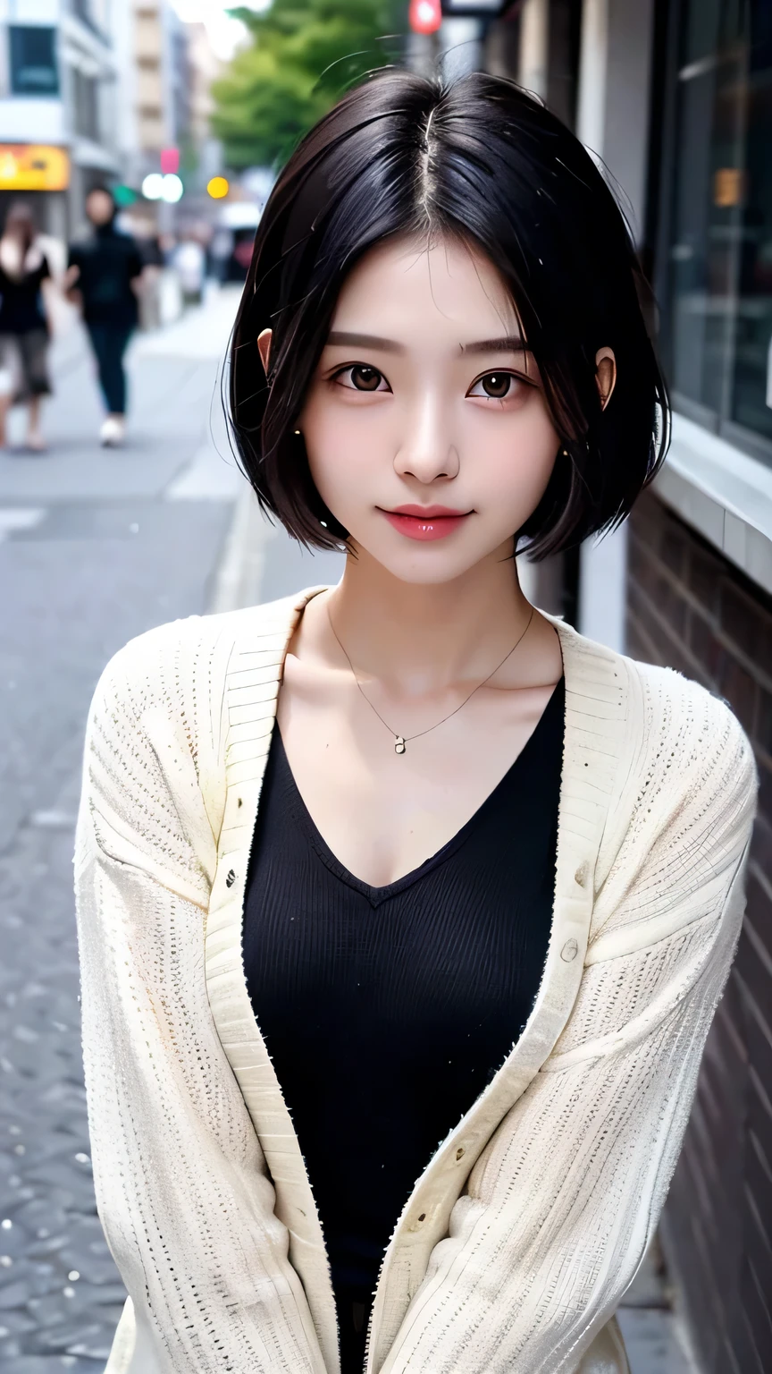 masterpiece、highest quality、超A high resolution、(Like the picture:1.4)、((One Girl、White skin:1.4、19 years old、Spotless、cute little、Black-haired、Beaver_cut、short hair、Normal breasts:1.6))((Casual wear))、(Portraits of famous actresses of Japan)、(Laughter、happiness、joy、Hilarious、Close your mouth)、、Eye for detail、Long neck、Bans、Eye of Rashaig、On the street、sweater、Casual wear