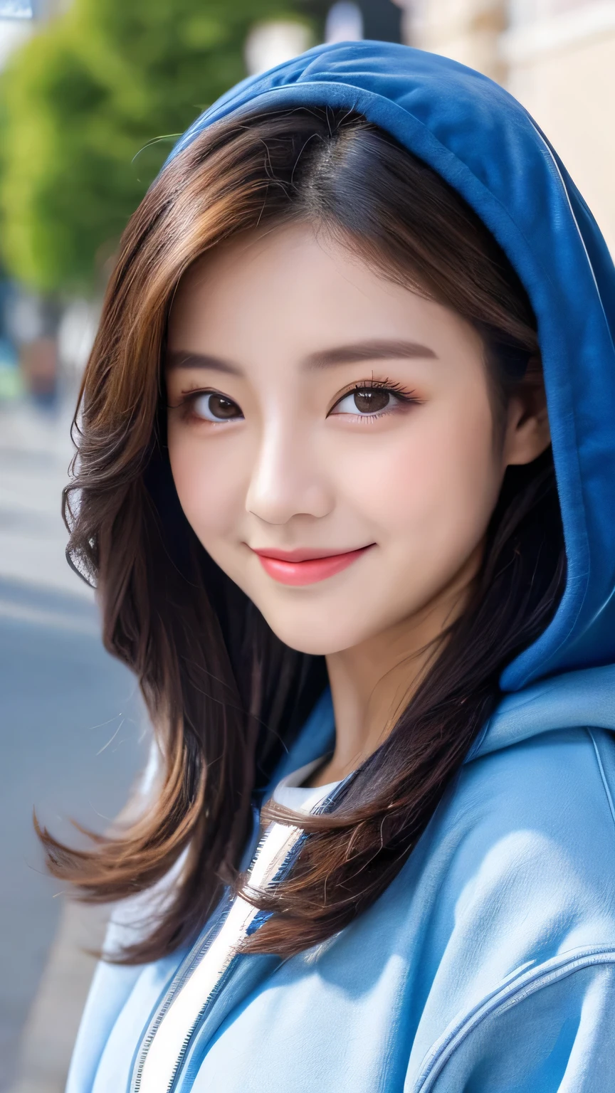 ((highest quality,8k,masterpiece:1.3)),Perfect beauty:1.4,Hips:1.2,(Layered Hairstyles:1.2)),(Street:1.3),Highly detailed face and skin texture,Full Body Lesbian,A sophisticated eye,double eyelid,Whitening the skin,Short Wavy Hair,Cute Korean Beauty(With a round face:1.5),(Blue tops, hoodies, baseball jackets, Pants Jeans )smile