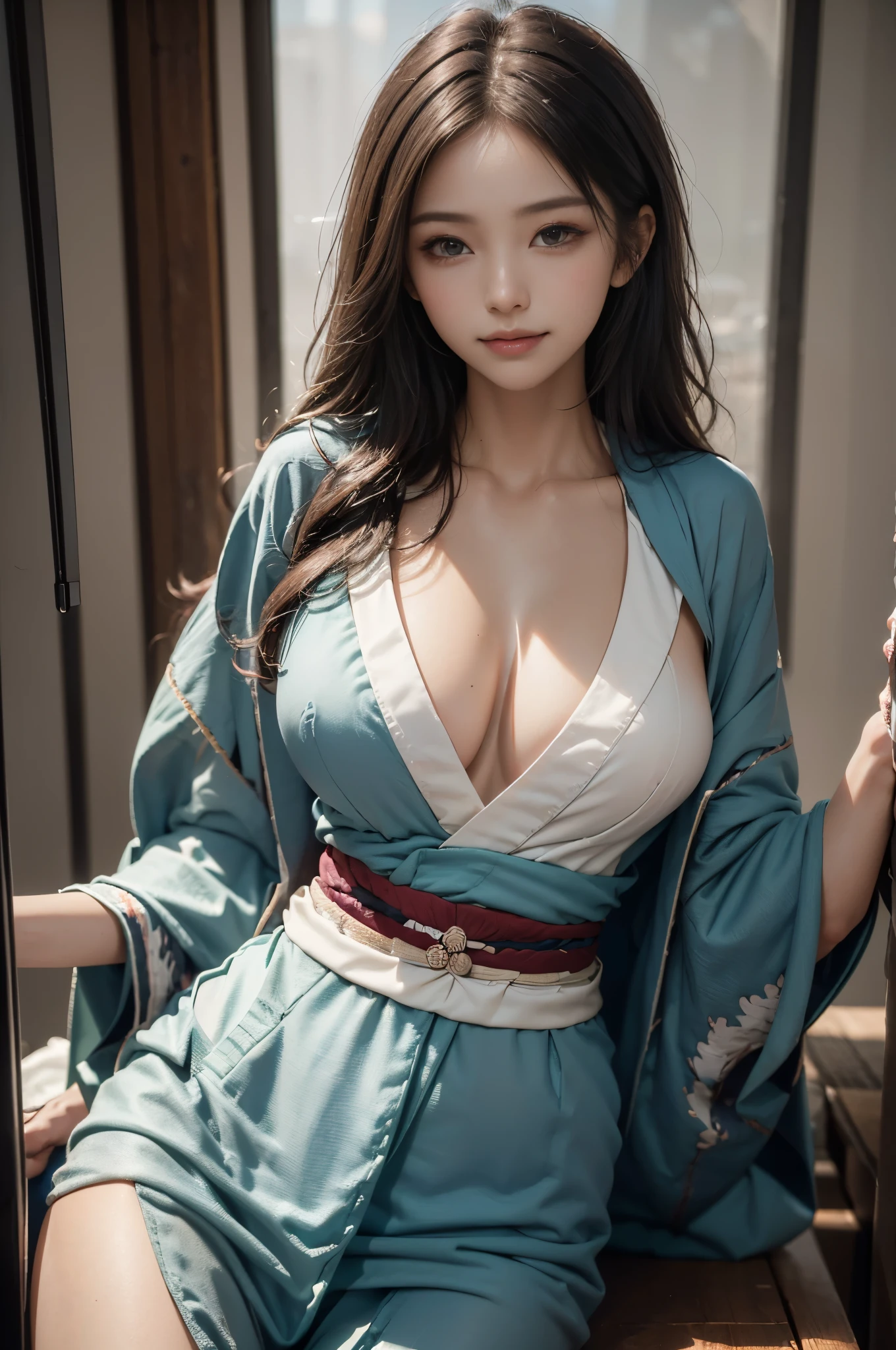 Top best Quality、pfotorealistic、8K、Highresolution、girl 1 person、woman with、(Dents in the skin)、(Professional lighting)、(kimono:1.74)、Luxury、(((big chest、narrow waist)))、(Girl looking at viewer one eye:1.54)、((Watching the viewer:1.6)) 、(is looking at the camera)、pfotorealistic、(bokeh feeling)、(dinamic pose:1.2)、masterwork、intricate、Realstic、sharpening Focus、award winning photography、Sorrisos