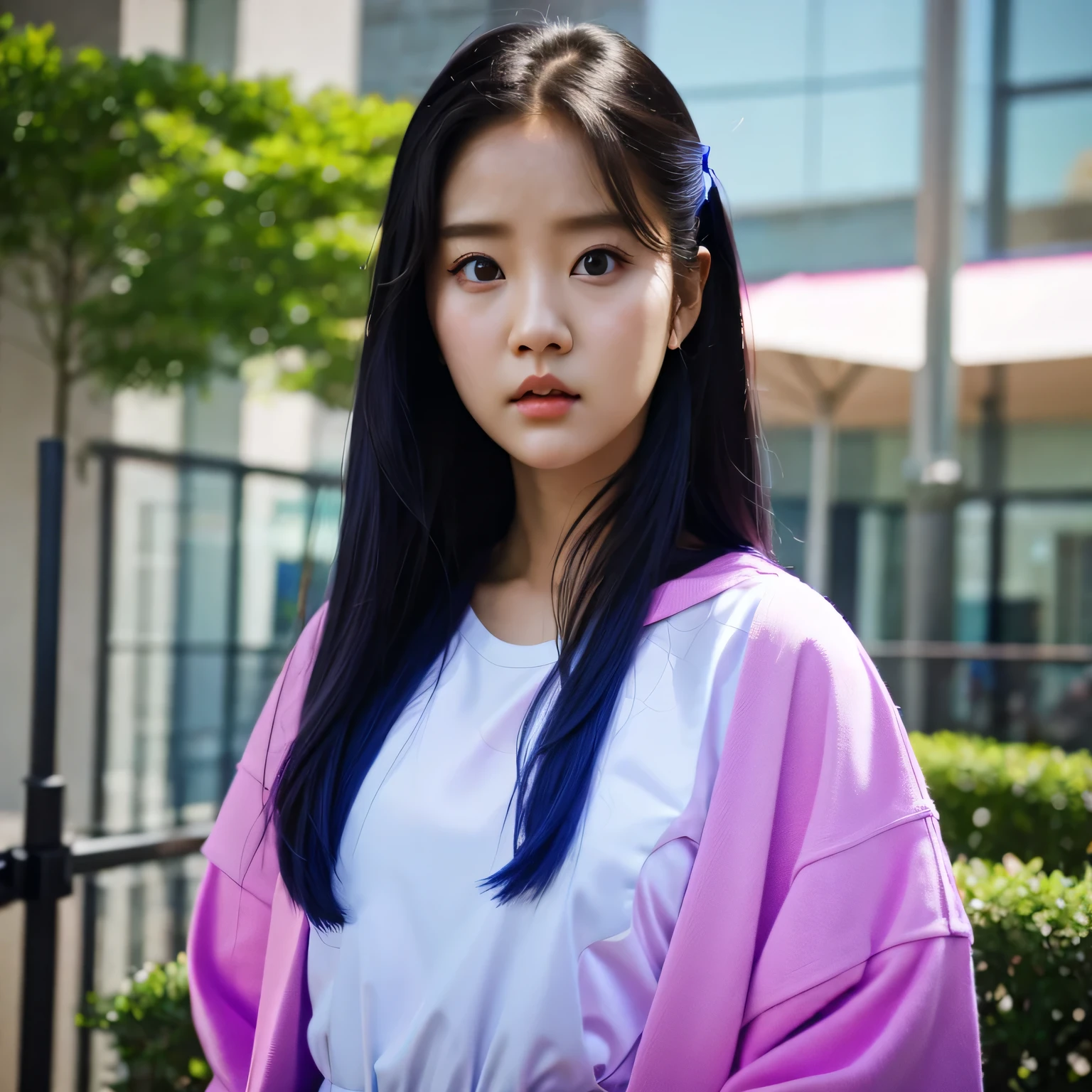 arafed college student with long black hair and a white shirt,(((Purple-pink clothes))) she has a distant expression, iu lee ji-eun as a super villain, but a stern look about her, she has a cute expressive face, young wan angel, girl next door innocent look, high drama, sideways glance, kwak ji young, movie screencap, handsome girl, innocent look, brilliant, 1girl, solo,Cobalt Blue Series((Cobalt Blue))