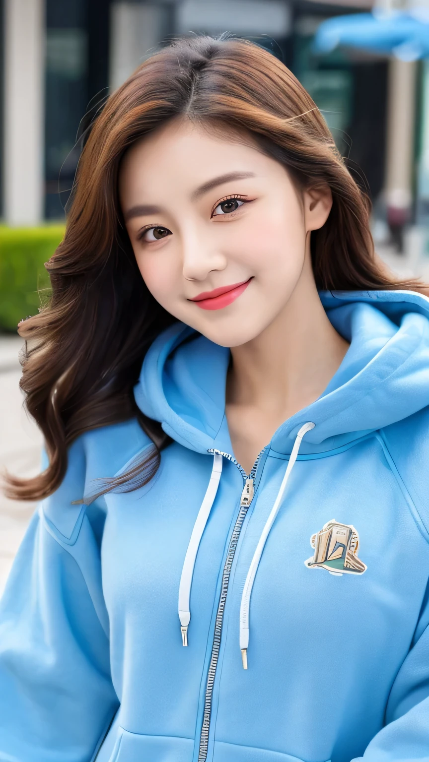 （（highest quality，8k，masterpiece：1.3）），Perfect beauty：1.4，Hips：1.2，（Layered Hairstyles：1.2）），（Street：1.3），Highly detailed face and skin texture，Full Body Lesbian，A sophisticated eye，double eyelid，Whitening the skin，Short Wavy Hair，Cute Korean Beauty（With a round face：1.5），（Blue tops, hoodies, baseball jackets,  Pants Jeans ）smile