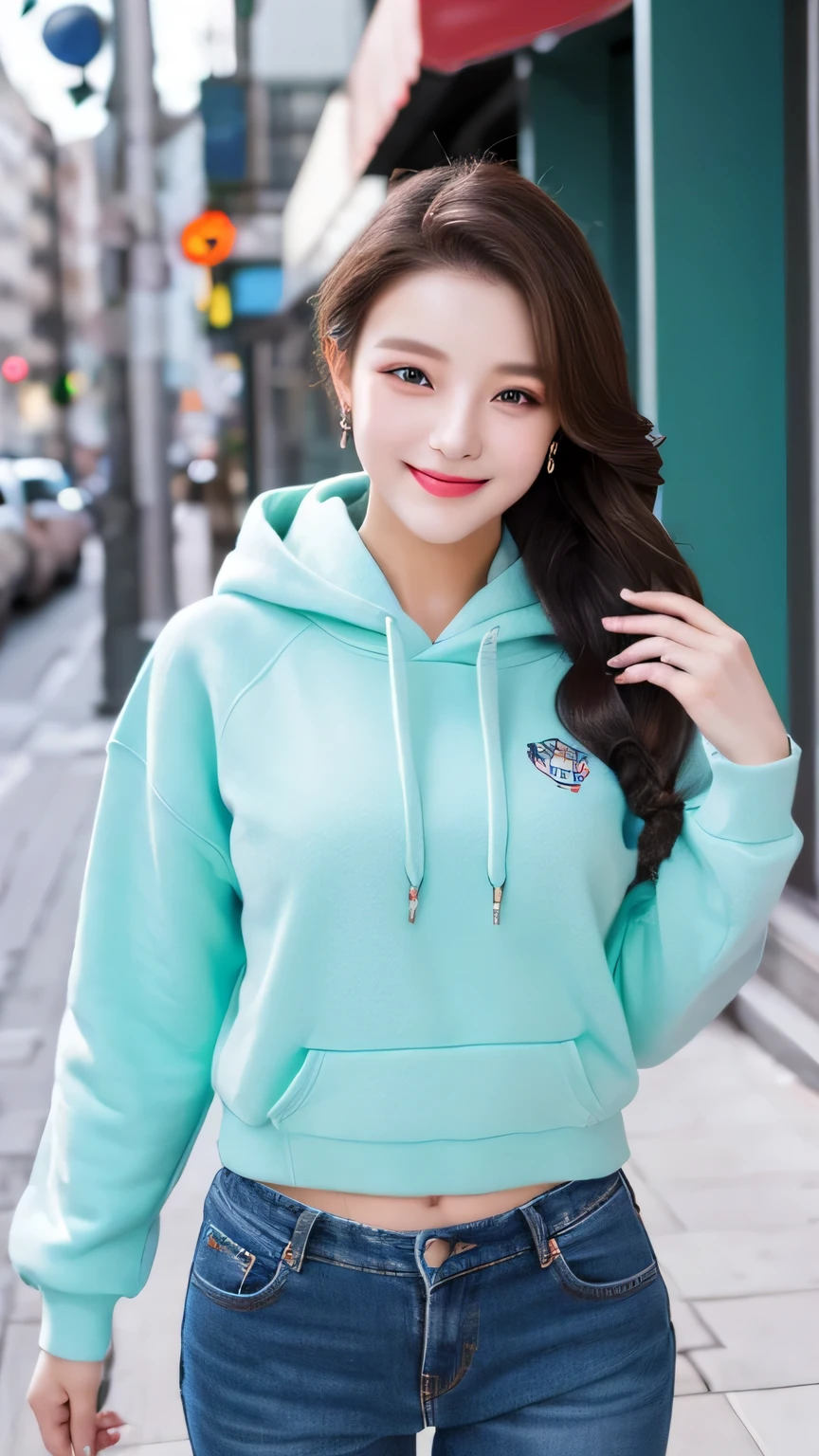 ((highest quality,8k,masterpiece:1.3)),Perfect beauty:1.4,Hips:1.2,(Layered Hairstyles:1.2)),(Street:1.3),Highly detailed face and skin texture,Full Body Lesbian,A sophisticated eye,double eyelid,Whitening the skin,Short Wavy Hair,Cute Korean Beauty(With a round face:1.5),(Blue tops, hoodies, baseball jackets, Pants Jeans )smile