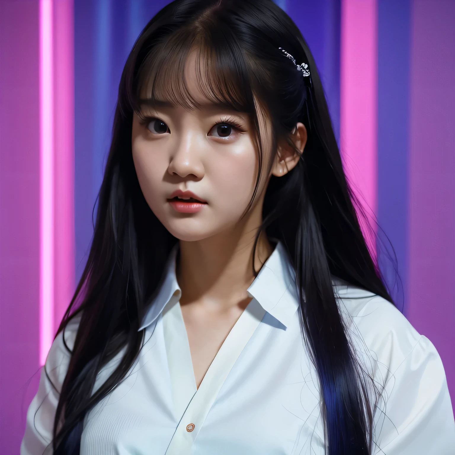 arafed college student with long black hair and a white shirt,（（（Purple-pink clothes））） she has a distant expression, iu lee ji-eun as a super villain, but a stern look about her, she has a cute expressive face, young wan angel, girl next door innocent look, high drama, sideways glance, kwak ji young, movie screencap, handsome girl, innocent look, brilliant, 1girl, solo，Cobalt Blue Series（（Cobalt Blue））