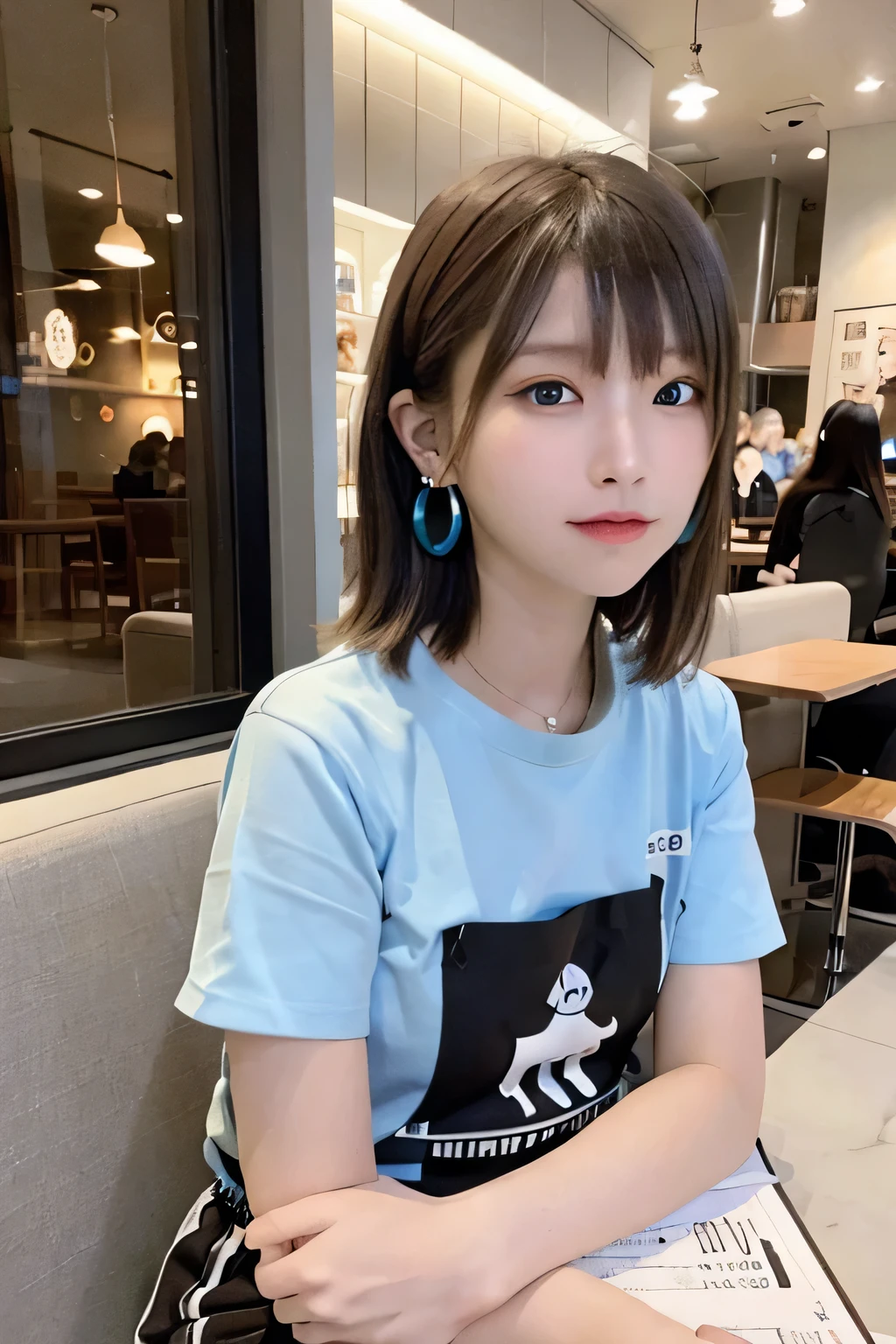 (8k、Raw photo、highest quality、masterpiece:1.2)、(Realistic、Photorealistic:1.37)、One Girl、Only 16、cute、Adorable、(blue eyes)、(A shy smile:0.4)、(solo)、Detailed face、Oval Face、Narrow, almond-shaped eyes、Brown short hair、Hair on one eye、Slender、Medium chest、Collared shirt、Elevation、Tilt your head、Fluorescent lamp、Inside the coffee shop、Sit by the window、Small Head、(Facing the other side)、age Girls、Earrings