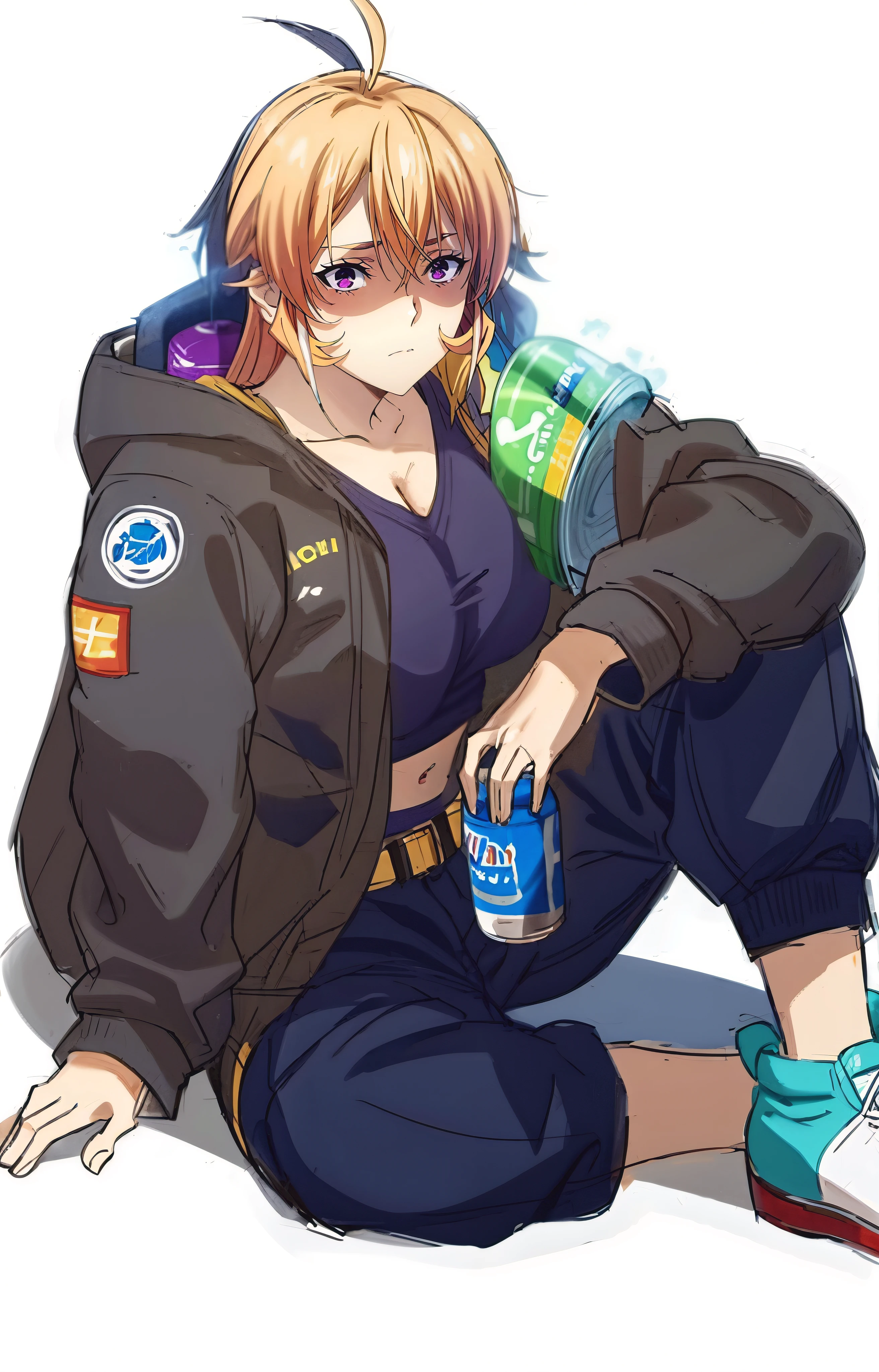 Erina_Prodigy, blonde hair, (long hair:1.3), purple eyes, curvy, anatomically correct, heavy breathing, huge breasts, hood, jacket, shoes, white_background, midriff, soda can,  (shaded face:1.2), hollow eyes, purple eyes, looking at viewer, (heavy breathing:1.2), emotionless, lips,