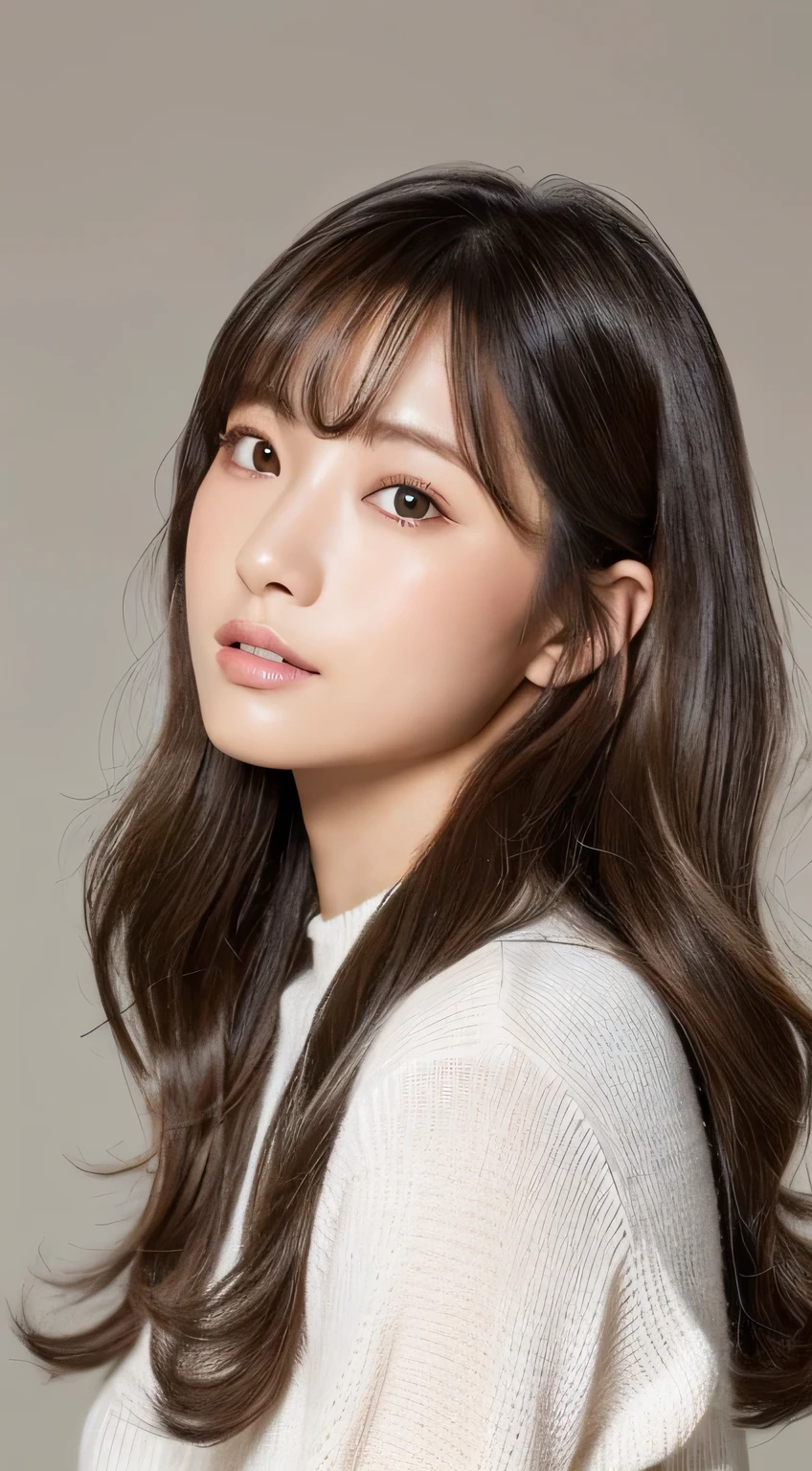 (highest quality、16K resolution)1 girl、solo、Natural soft light、、Japanese women、Looking at the camera、White long sleeve knit、(Beauty salon background)、(Backward view)standing、Female in her late teens、Light bangs、long hair salon model、Natural look、Portrait、Floated hair、Hair curled with a 32mm curling iron、(Highlight Color Hair)Gray Hair