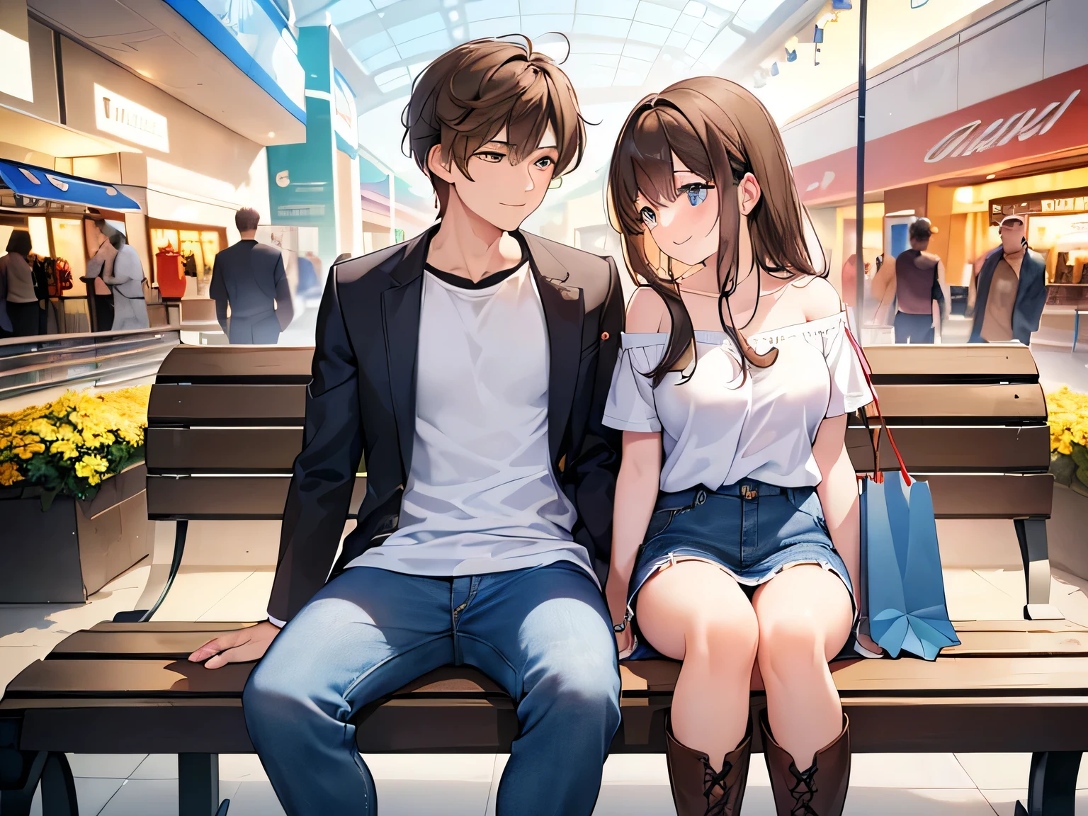 (Masterpiece, top quality, high resolution, realistic photo, realistic looking skin:1.1),
(Male and female couple sitting on a bench in a shopping mall:1.5),
(They both have smiling faces:1.5),
(Woman is wearing off-shoulder knit, mini skirt, long boots and long brown hair:1.8),
(The man is a handsome man wearing a T-shirt and a tailored jacket and denim:1.8),
(Location is a bench in a shopping mall:1.5),
Full-bodied Esbian, beautiful eyes, glowing eyes, glowing thighs, NSFW.