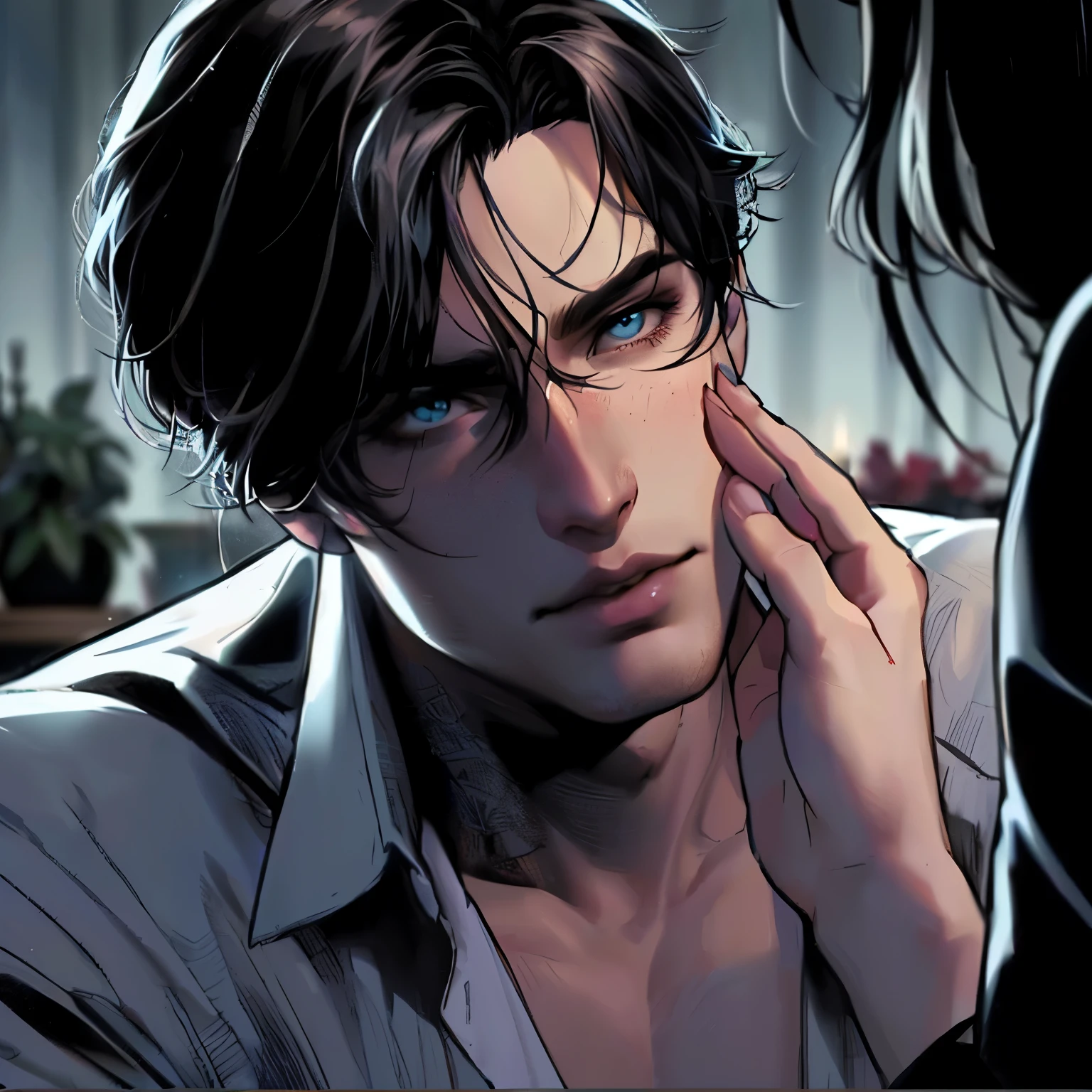 um close de um homem com uma camisa olhando para uma mulher, handsome guy in demon slayer art, Peter Parker, Edmund Blair e Charlie Bowater, delicate androgynous prince, lindo homem masculino, handsome androgynous prince, anime homem bonito, lindo impressionante realista, Charlie Bowater e Mark Brooks, cilios longos, estilo de charlie bowater