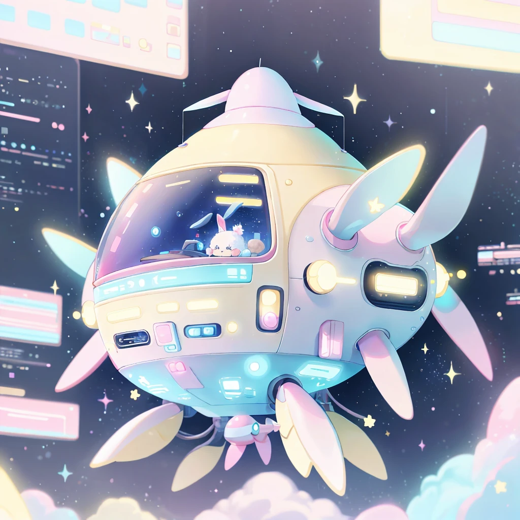 A futuristic flying star-shaped pastel-colored vehicle、★★★❤、★、❤★❤🐇wing、Spaceship、kawaii tech,No people、rabbit