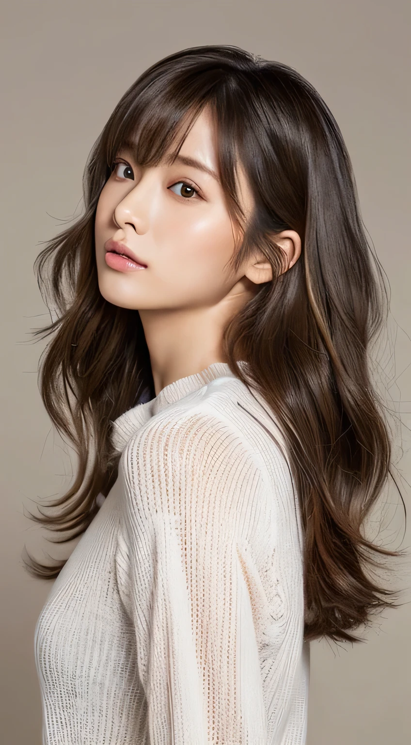 (highest quality、16K resolution)1 girl、solo、Natural soft light、、Japanese women、Looking at the camera、White long sleeve knit、(Beauty salon background)、(Backward view)standing、Female in her late teens、Light bangs、long hair salon model、Natural look、Portrait、Floated hair、Hair curled with a 32mm curling iron、(Highlight Color Hair)Gray Hair