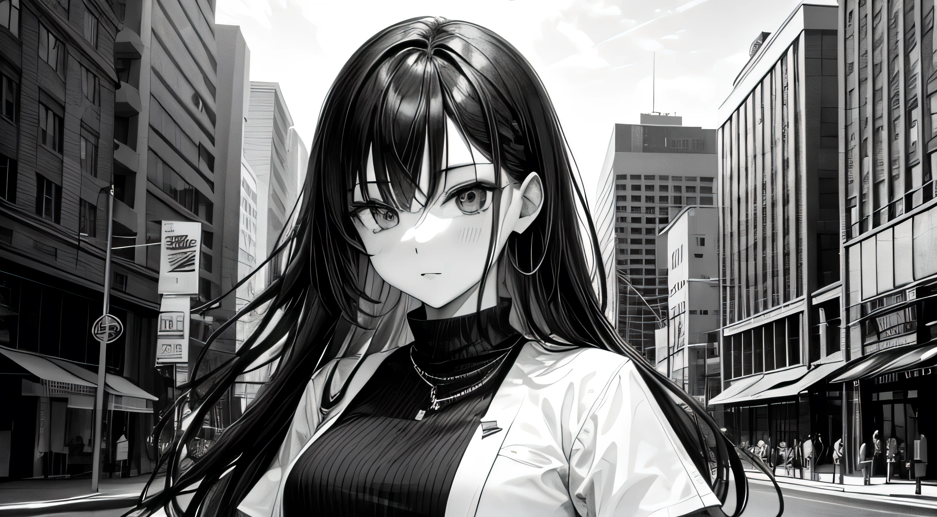 Black and White HIP-HOPstyleのブラザー Perfect and detailed facial expression Perfect and detailed clothing Perfect and detailed hair Perfect detailed upper body drawing with downtown in the background