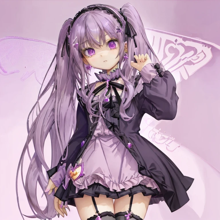 Light purple hair，Long Hair，Curly Hair，Twin tails，Gothic Lolita，Miniskirt，Magical girl，Earrings，gem，Sharp Eyes