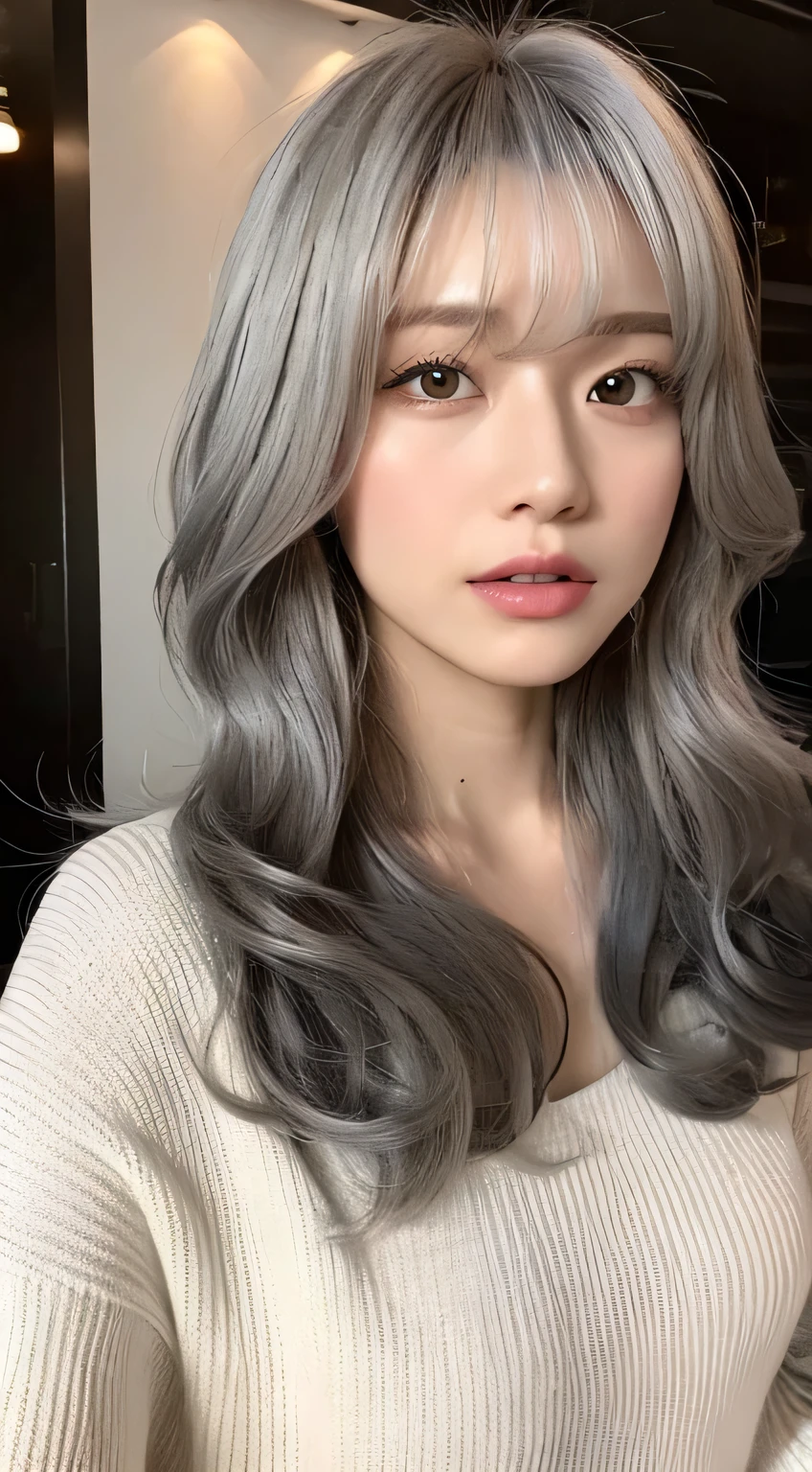 (highest quality、16K resolution)1 girl、solo、Natural soft light、、Japanese women、Looking at the camera、White long sleeve knit、(Beauty salon background)、(Backward view)standing、Female in her late teens、Light bangs、long hair salon model、Natural look、Portrait、Floated hair、Hair curled with a 32mm curling iron、(Highlight Color Hair)Gray Hair