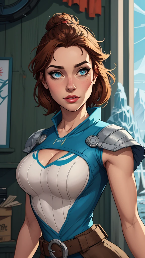 Personagem mulher estilo atompunk Fallout 4 Rainha Anna de Arendelle com marcas de guerras Imagem de desenho animado de uma mulher .Ilustra??o estilo desenho animado, estilo de arte dos desenhos animados, estilo de arte dos desenhos animados, digital illustration style, estilo atompunk design de personagens altamente detalhado, arte digital detalhada coragem, Forest fan art, Design de personagens de retrato, beautiful digital illustration, retrato de alta qualidade, Arte em quadrinhos, mulher jovem cabelo com transas lindas . Queen Anna of ArendelleBeautiful lined eyes Medium large bust and wonderful sexy clothes. image expression of sexual desire from waist to head illustration Queen Anne of Arendelle atompunk style Fallout 4