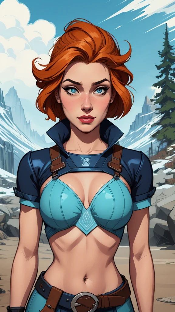 Personagem mulher estilo atompunk Fallout 4 Rainha Anna de Arendelle com marcas de guerras Imagem de desenho animado de uma mulher .Ilustra??o estilo desenho animado, estilo de arte dos desenhos animados, estilo de arte dos desenhos animados, digital illustration style, estilo atompunk design de personagens altamente detalhado, arte digital detalhada coragem, Forest fan art, Design de personagens de retrato, beautiful digital illustration, retrato de alta qualidade, Arte em quadrinhos, mulher jovem cabelo com transas lindas . Queen Anna of ArendelleBeautiful lined eyes Medium large bust and wonderful sexy clothes. image expression of sexual desire from waist to head illustration Queen Anne of Arendelle atompunk style Fallout 4