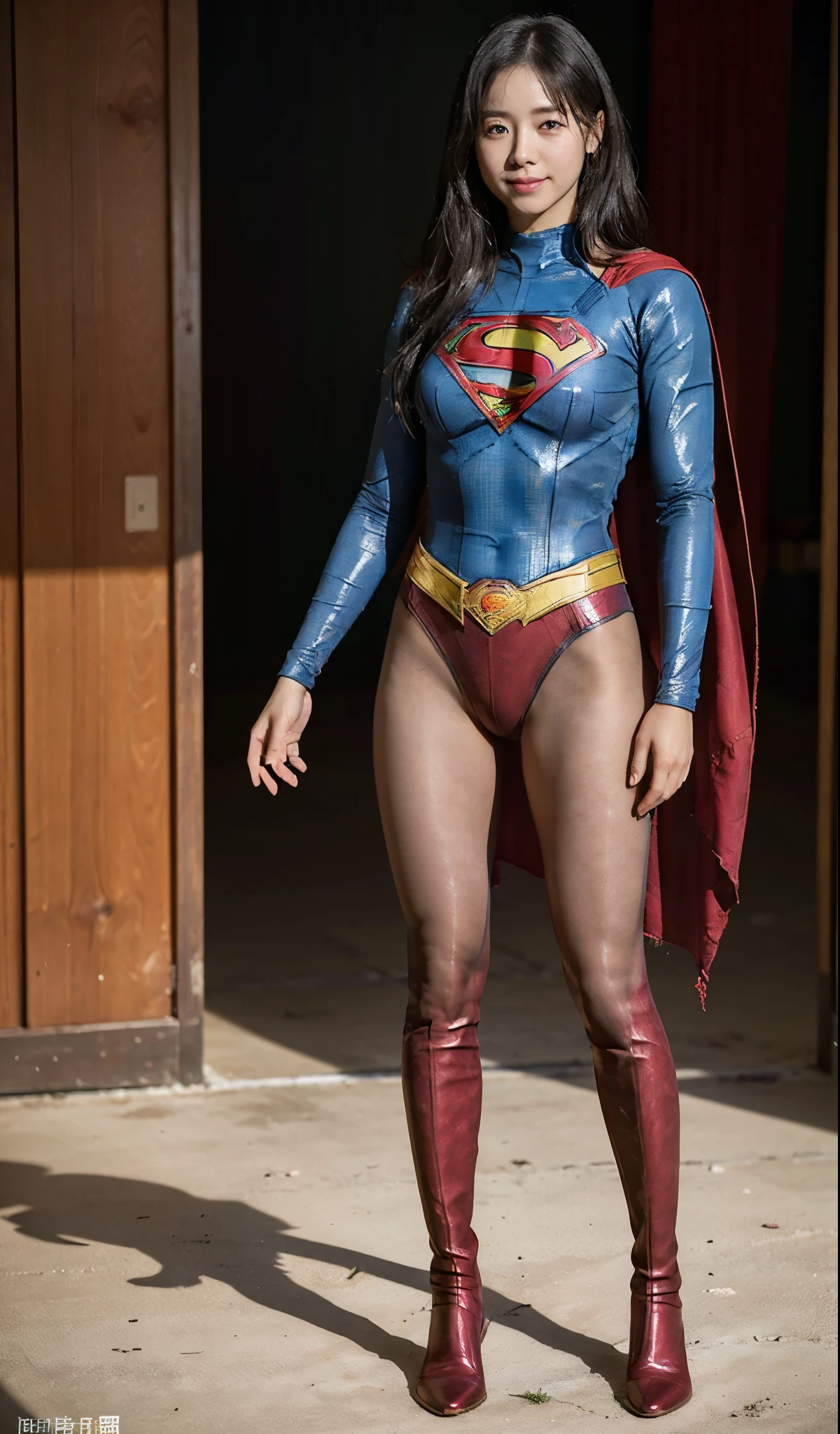 No background、(((Beautiful legs in black tights.)))、(((Legally express the beauty of your smile)))、((((Make the most of your original images)))、(((Supergirl Costume)))、(((Beautiful Hair)))、(((suffering)))、(((Please wear black tights....、Wear red boots)))、((Best image quality、8K))、((highest quality、8K、masterpiece:1.3))、(((Preserve background )))、Sharp focus:1.2、Beautiful woman with perfect figure:1.4、Thin abdominal muscles:1.2、Wet body:1.5、Highly detailed face and skin texture、8K