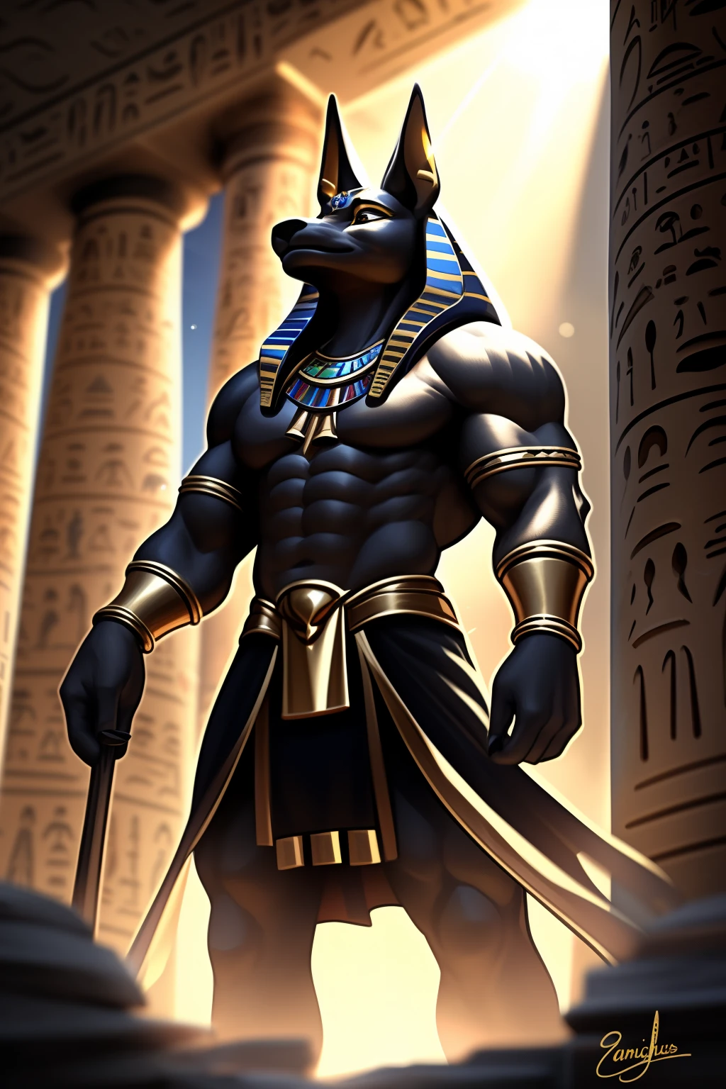 Create a captivating full-body image of Anubis, the Egyptian god of death. This idly standing deity exudes muscular strength with every line of his sculpted form. His intricately detailed face, radiating both wisdom and serene pleasure, adorns his chiseled countenance. The scene is rendered in the highest quality, using advanced techniques like unreal engine and lens flare to bring out the rich textures and realistic detail. Anubis basks in the bright, dramatic light of a realistically depicted ancient Egyptian temple, the depth of field and sharp focus highlighting every minute detail. His fur, a subtle mix of warm browns and cool golds, glimmers