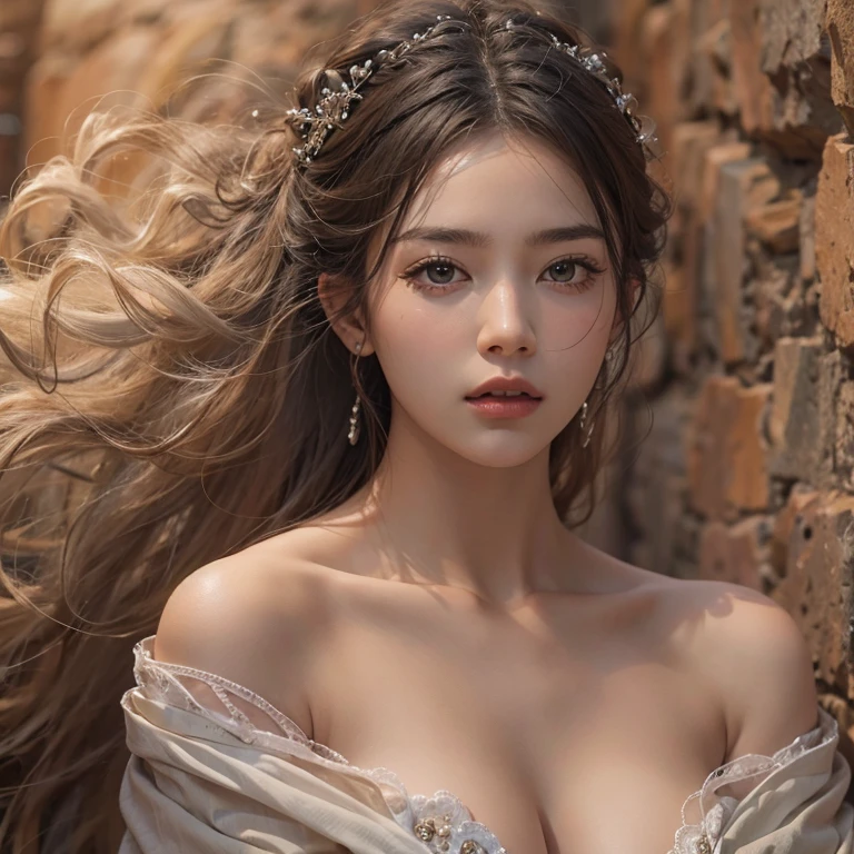 desert、Hair flows、 ((highest quality、masterpiece、8k、best image quality、ultra high resolution、Award-winning work)、(close-up of woman's face:1.35)、(close-up of naked face:1.3)、(accurate anatomy:1.1)、(look at me and smile:1.1)、Shining fair skin with ultra high resolution、most detailed face、ultra high resolution detailed face、ultra high resolutionの髪の毛、(ultra high resolutionの煌めく瞳:1.1)、Beautiful face drawn in every detail、(blurred background:1.1)、ancient Islamic clothes, chest together, tattoo, Old ruins in the background、