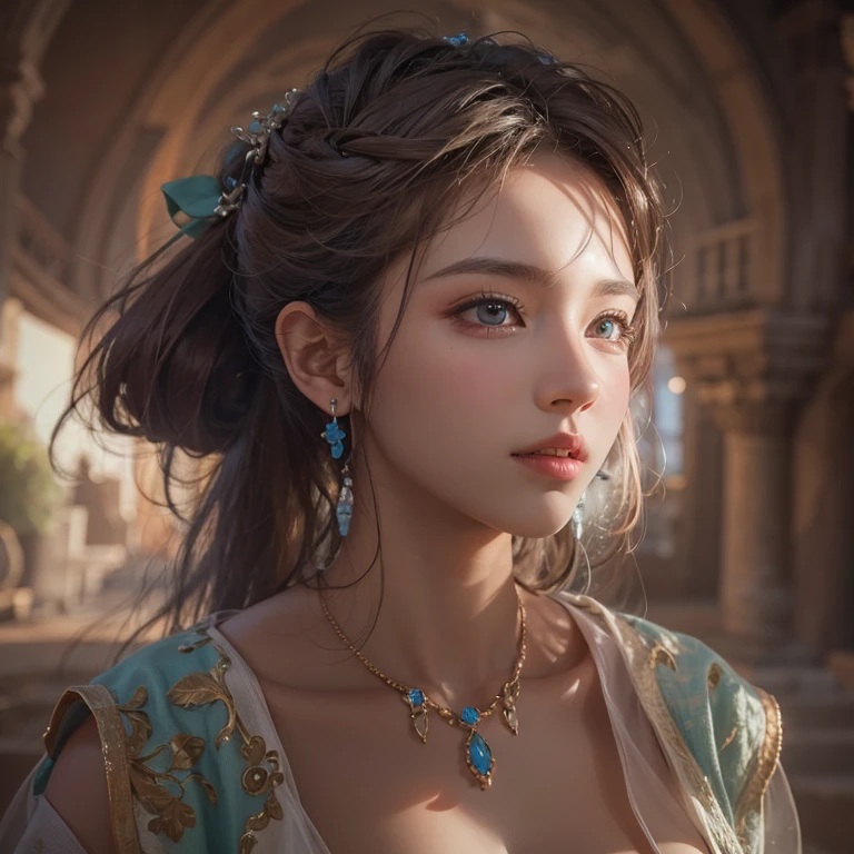 desert、Hair flows、 ((highest quality、masterpiece、8k、best image quality、ultra high resolution、Award-winning work)、(close-up of woman&#39;s face:1.35)、(close-up of naked face:1.3)、(accurate anatomy:1.1)、(look at me and smile:1.1)、Shining fair skin with ultra high resolution、most detailed face、ultra high resolution detailed face、ultra high resolutionの髪の毛、(ultra high resolutionの煌めく瞳:1.1)、Beautiful face drawn in every detail、(blurred background:1.1)、ancient Islamic clothes, chest together, tattoo, Old ruins in the background、